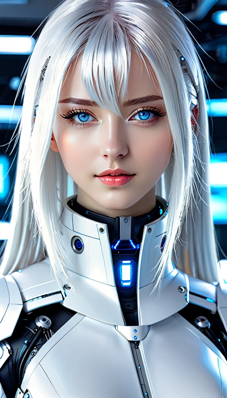 a woman in a white suit with blue eyes and a white hair, perfect android girl, portrait anime space cadet girl, beautiful female android, beautiful female android!, beutiful white girl cyborg, beautiful android woman, portrait of a female android, cyborg - girl with silver hair, portrait beautiful sci - fi girl, retrofuturistic female android, integrated synthetic android, cute cyborg girl
