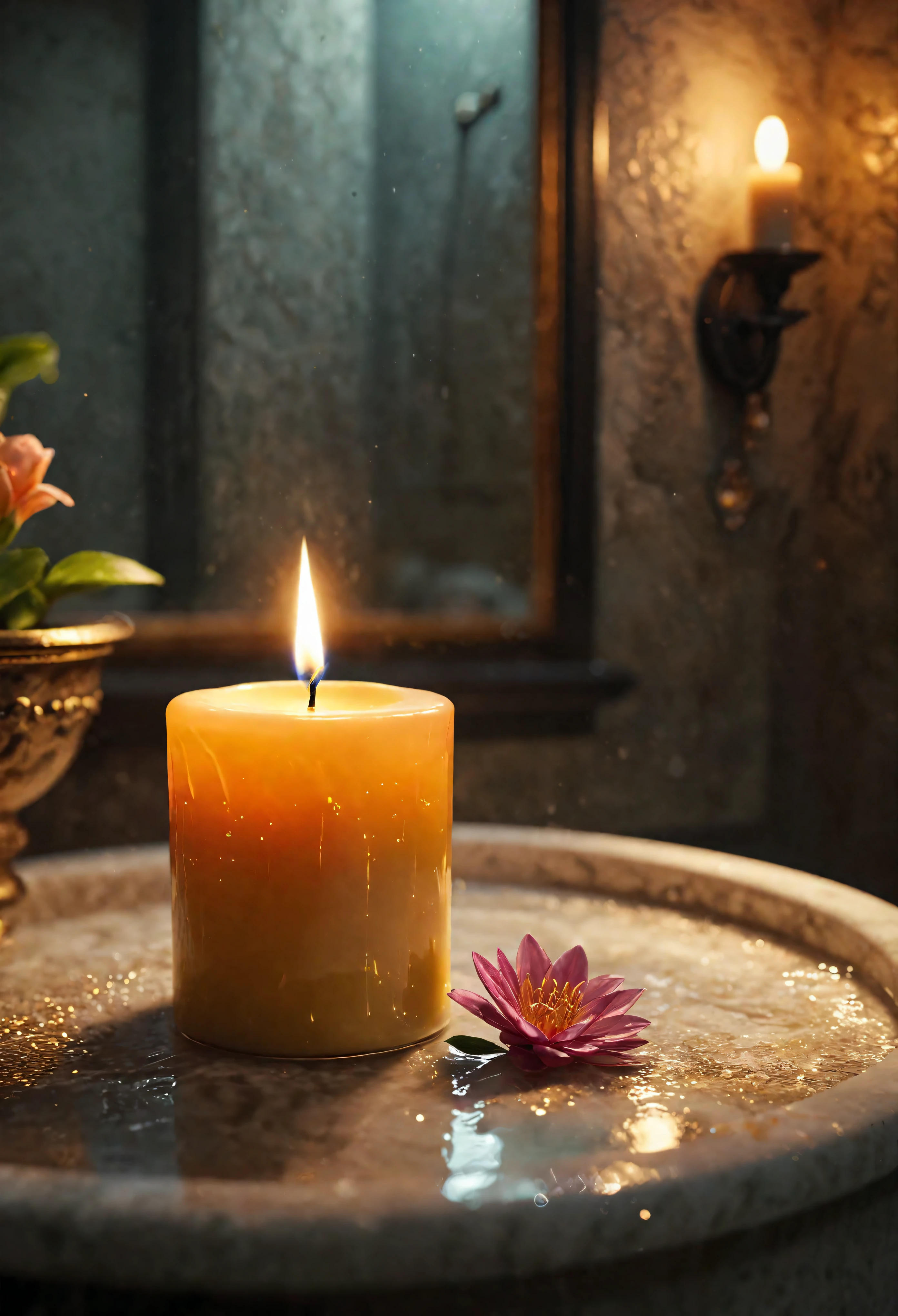 ((Masterpiece in maximum 16K resolution):1.6),((soft_color_photograpy:)1.5), ((Ultra-Detailed):1.4),((Movie-like still images and dynamic angles):1.3). | (Macro shot cinematic photo of a glowing aromatic candle in a fancy bathroom), (aesthethic scented candle), (dim background), (macro lens), (illuminate), (luminous object), (candle glass), (shimmer), (fancy bathroom), (aromatic flower), (visual experience),(Realism), (Realistic),award-winning graphics, dark shot, film grain, extremely detailed, Digital Art, rtx, Unreal Engine, scene concept anti glare effect, All captured with sharp focus. | Rendered in ultra-high definition with UHD and retina quality, this masterpiece ensures anatomical correctness and textured skin with super detail. With a focus on high quality and accuracy, this award-winning portrayal captures every nuance in stunning 16k resolution, immersing viewers in its lifelike depiction. | ((perfect_composition, perfect_design, perfect_layout, perfect_detail, ultra_detailed)), ((enhance_all, fix_everything)), More Detail, Enhance.

