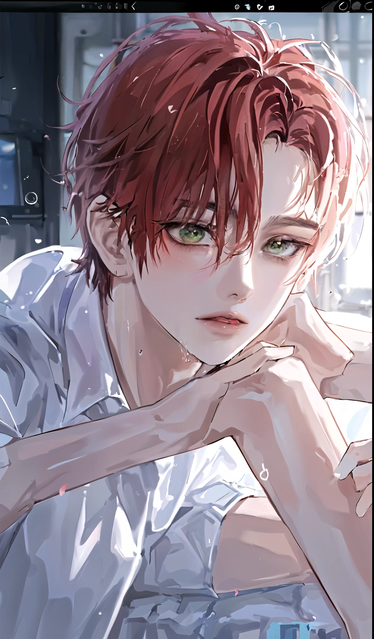 1Junge, portrait, Ohrringe, Allein,Lippen,  Male focus, Green eyes, Blick auf den Betrachter, graue Haare, kurzes Haar, geschlossenen Mund, anime boy lying on the bed with rose petals, wet body, bed, without any clothing except underwear, high quality fanart, hot expression, Beast, at pixiv, official fanart, pixiv, detailed fanart, relaxing, levi ackerman, in in the bedroom, relaxing environment, relaxing mood, by Shingei, anime asthetic, relaxing concept art, wet anime boy, with rose petals on the bed, beautiful atmosphere, hot anime boy, cute, beautiful body art, hot pose, beautiful, pretty face, cute pretty face, big cute eyes, beautiful expression