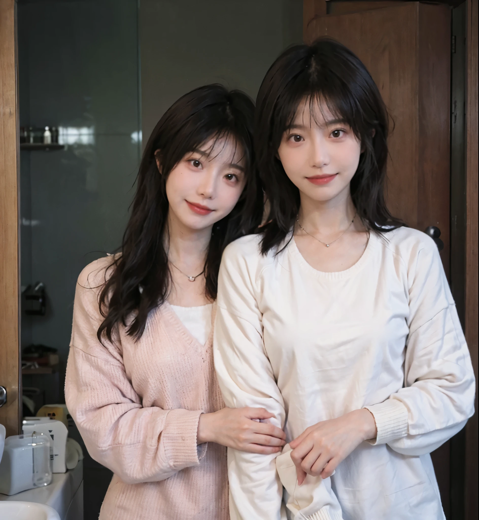 Japan 2 women。Paternity。Mother in her 40s。 daughter。ssmile。The beauty of healthy facial skin care。Skin Care Cosmetics。White background。dental。