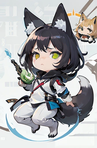 (((Animals,white monster, An illustration, Chibi))), (Sad face, Animals, fox head, wolf carcass, owl back wing, tail snake, four legs)