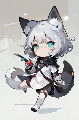 (((Animals,white monster, An illustration, Chibi))), (Sad face, Animals, fox head, wolf carcass, owl back wing, tail snake, four legs)