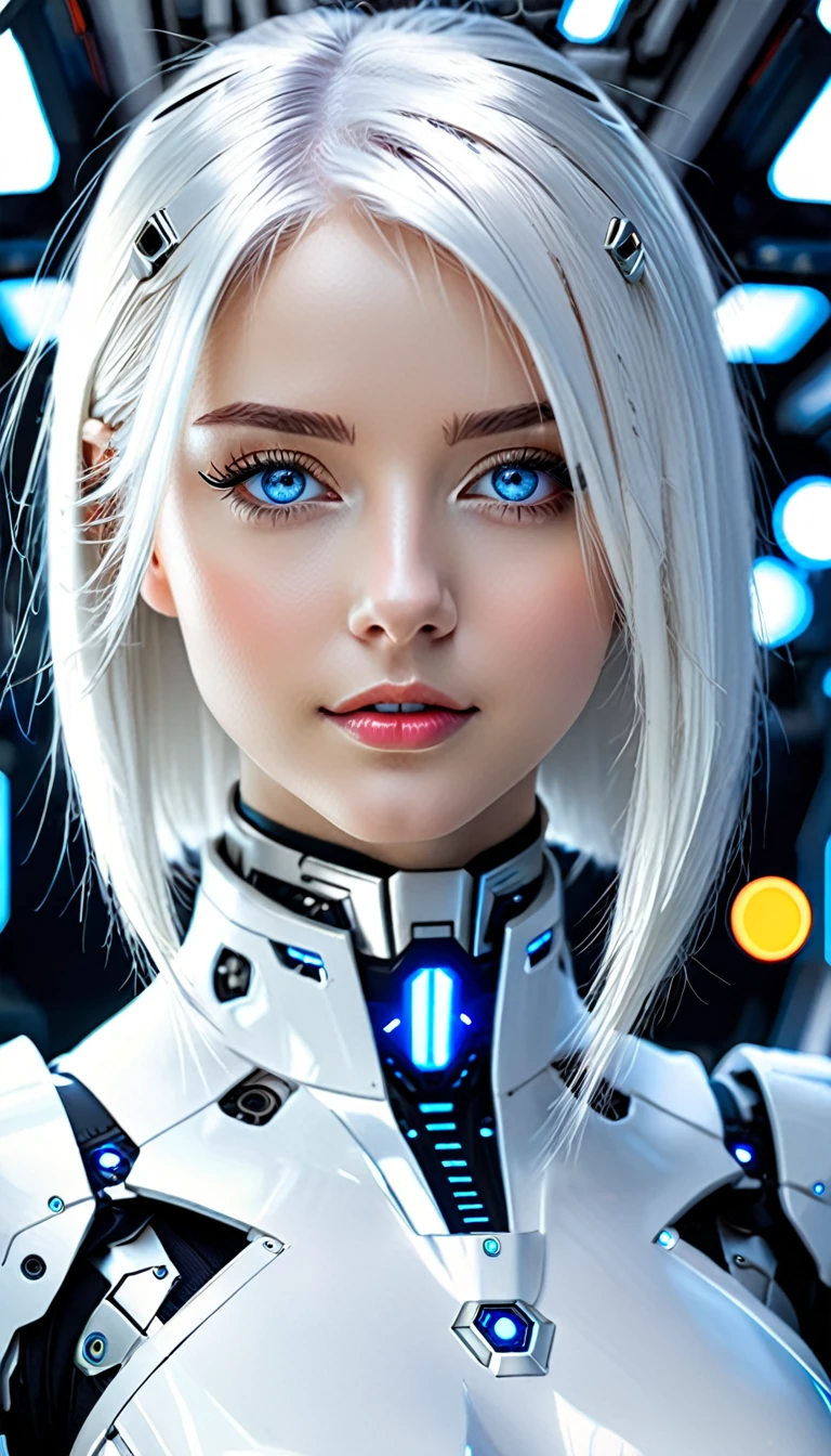 a woman in a white suit with blue eyes and a white hair, perfect android girl, portrait anime space cadet girl, beautiful female android, beautiful female android!, beutiful white girl cyborg, beautiful android woman, portrait of a female android, cyborg - girl with silver hair, portrait beautiful sci - fi girl, retrofuturistic female android, integrated synthetic android, cute cyborg girl