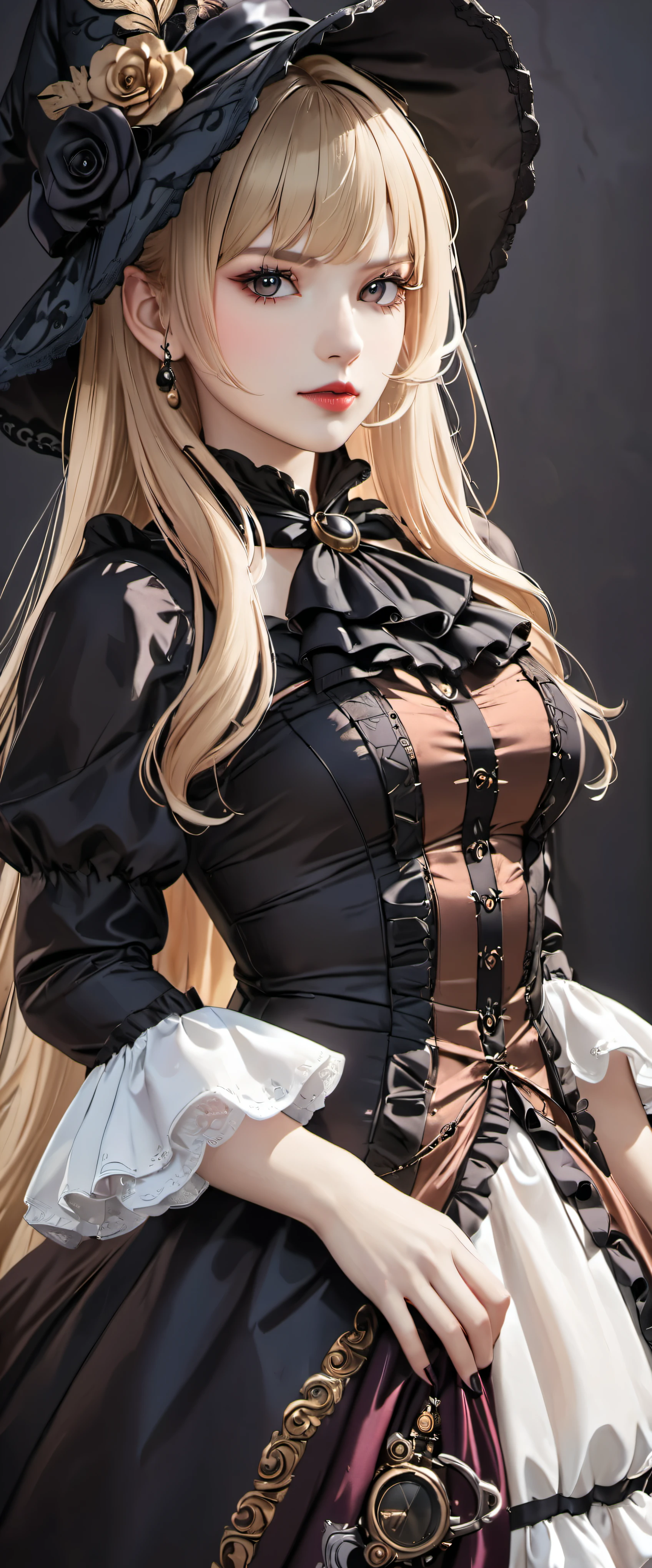 woman wearing dress and boots , baroque dress, Wearing an elaborate steampunk dress, elegant gothic princess, victorian gothic lolita fashion, historical baroque dress dark, black gothic lolita dress, fantasy style clothing, rococo dress, black rococo, classic witch, fantasy costume, wearing a gothic dress, romantic dress, gothic dress,blonde,,(((upper body portrait)))