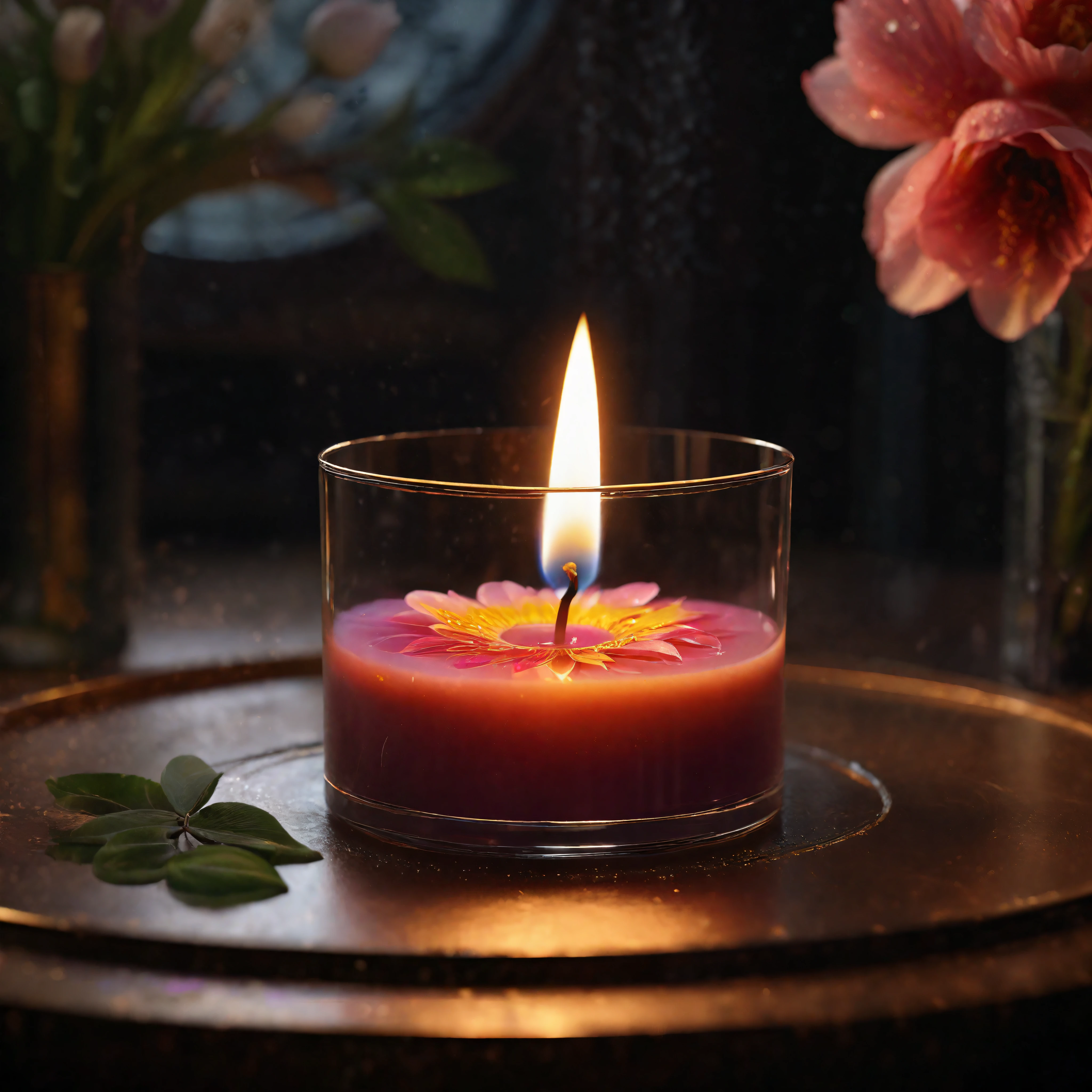 ((Masterpiece in maximum 16K resolution):1.6),((soft_color_photograpy:)1.5), ((Ultra-Detailed):1.4),((Movie-like still images and dynamic angles):1.3). | (Macro shot cinematic photo of a glowing aromatic candle in a fancy bathroom), (aesthethic scented candle), (dim background), (macro lens), (illuminate), (luminous object), (candle glass), (shimmer), (fancy bathroom), (aromatic flower), (visual experience),(Realism), (Realistic),award-winning graphics, dark shot, film grain, extremely detailed, Digital Art, rtx, Unreal Engine, scene concept anti glare effect, All captured with sharp focus. | Rendered in ultra-high definition with UHD and retina quality, this masterpiece ensures anatomical correctness and textured skin with super detail. With a focus on high quality and accuracy, this award-winning portrayal captures every nuance in stunning 16k resolution, immersing viewers in its lifelike depiction. | ((perfect_composition, perfect_design, perfect_layout, perfect_detail, ultra_detailed)), ((enhance_all, fix_everything)), More Detail, Enhance.

