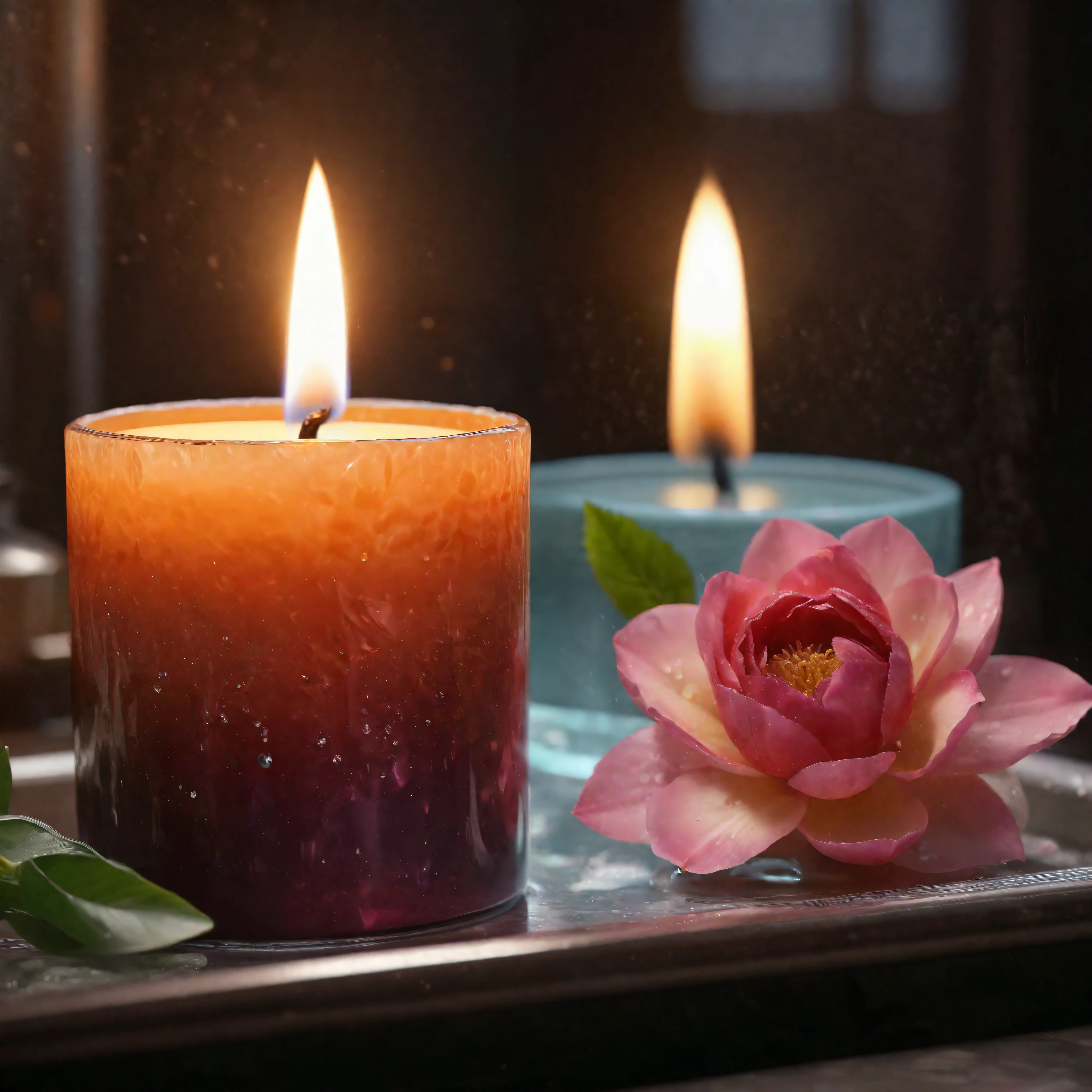 ((Masterpiece in maximum 16K resolution):1.6),((soft_color_photograpy:)1.5), ((Ultra-Detailed):1.4),((Movie-like still images and dynamic angles):1.3). | (Macro shot cinematic photo of a glowing aromatic candle in a fancy bathroom), (aesthethic scented candle), (dim background), (macro lens), (illuminate), (luminous object), (candle glass), (shimmer), (fancy bathroom), (aromatic flower), (visual experience),(Realism), (Realistic),award-winning graphics, dark shot, film grain, extremely detailed, Digital Art, rtx, Unreal Engine, scene concept anti glare effect, All captured with sharp focus. | Rendered in ultra-high definition with UHD and retina quality, this masterpiece ensures anatomical correctness and textured skin with super detail. With a focus on high quality and accuracy, this award-winning portrayal captures every nuance in stunning 16k resolution, immersing viewers in its lifelike depiction. | ((perfect_composition, perfect_design, perfect_layout, perfect_detail, ultra_detailed)), ((enhance_all, fix_everything)), More Detail, Enhance.

