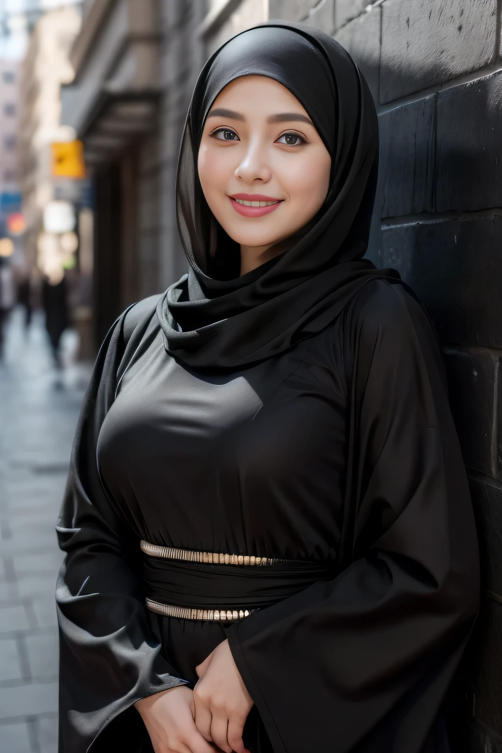 (k, RAW photo, best quality, masterpiecel1.4), ((wall streets background)) , ((  smile face )),  (realistic, photo-realistic:1.37), photo of a women in black hijab, 1girl, (lighting), ((wearing black fit jubah)) , ((looking at viewer)), ((covered breast))