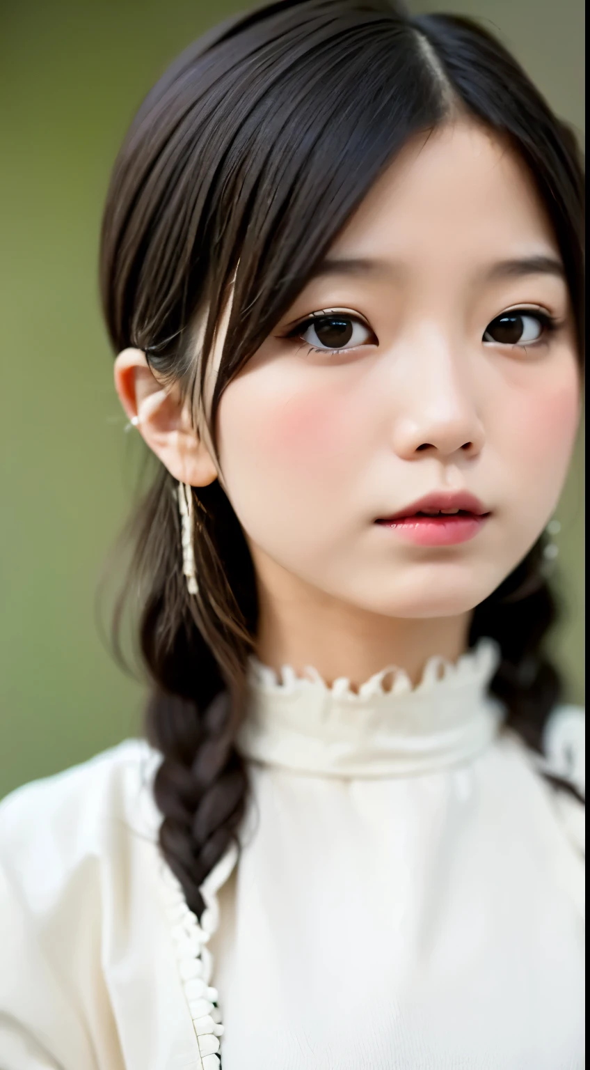 realistic, High resolution, soft light,1 female, １６Year、small breasts、Japanese、alone, waist rises high, glowing skin, (detailed face),jewelry, brown hair,french braid、white_dress、お洒落なdress、flower garden,(dynamic angle:1.1),wonderful,Soft and warm color palette, delicate brushstrokes, Targeted use of light and shadow, wide shot,The deliciousness of wilted flowers,high contrast,color contrast,Masseter muscle part:1.3