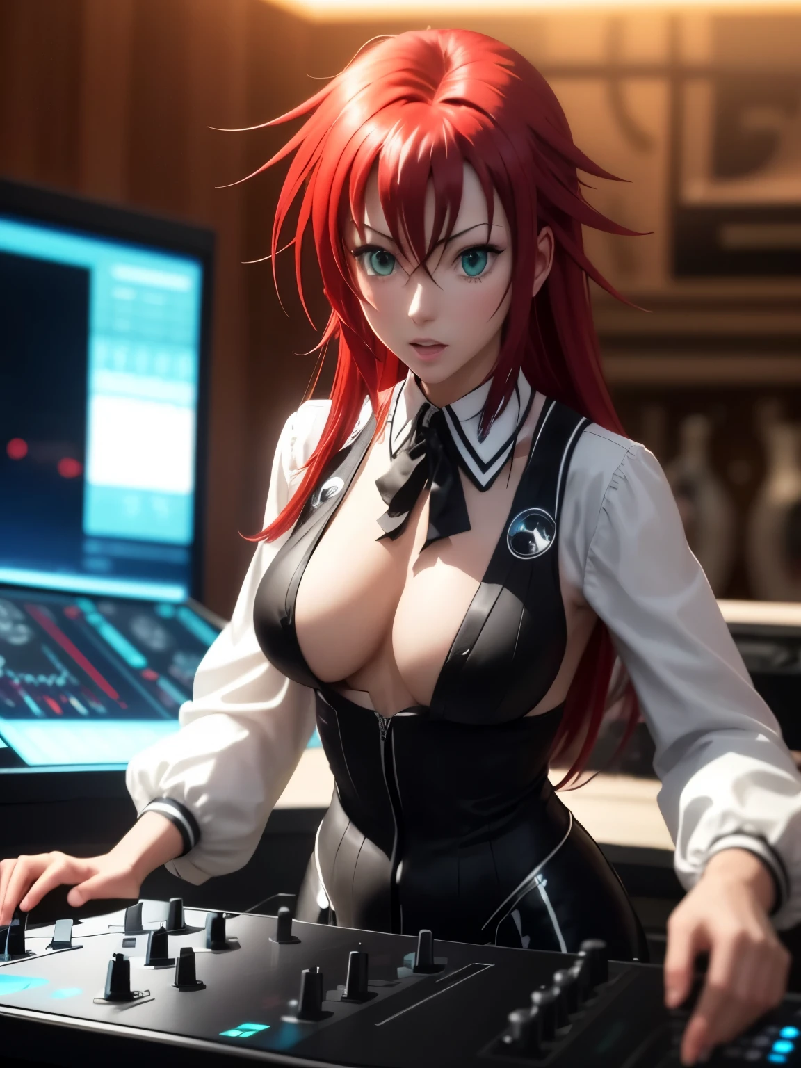 Make Rias Gremory a futuristic DJ This DJ should be wearing silver robotic clothing This DJ should be playing in Miami He&#39;s playing to a lot of people who are dancing Ultra-realistic photo, calidad 8k, full HD