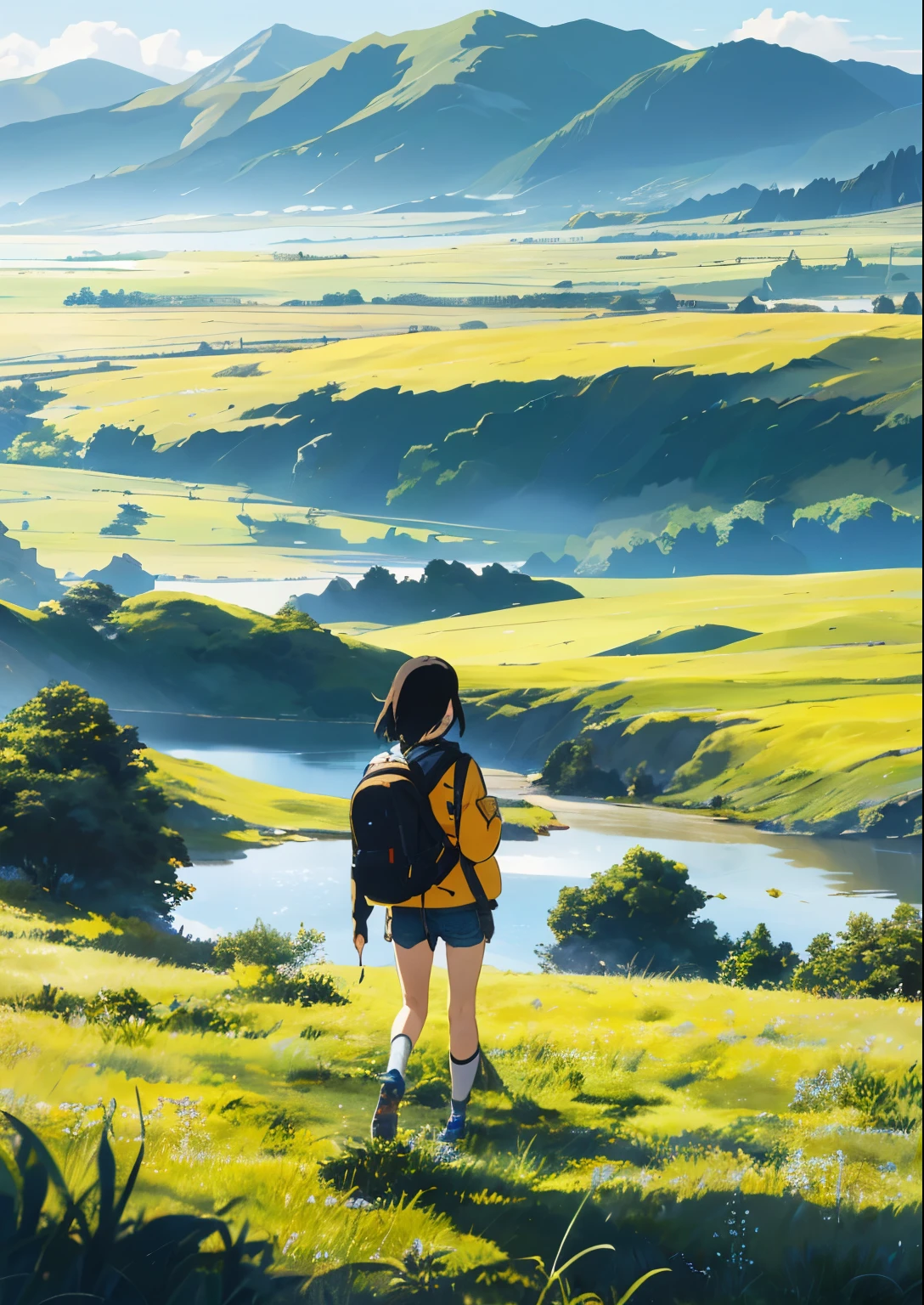 vast sky, wide grassland, moving visual effects, colorful natural light, and、in the middle of the meadow、A girl wearing a long-sleeved jacket and shorts and carrying a backpack can be seen faintly in the distance..