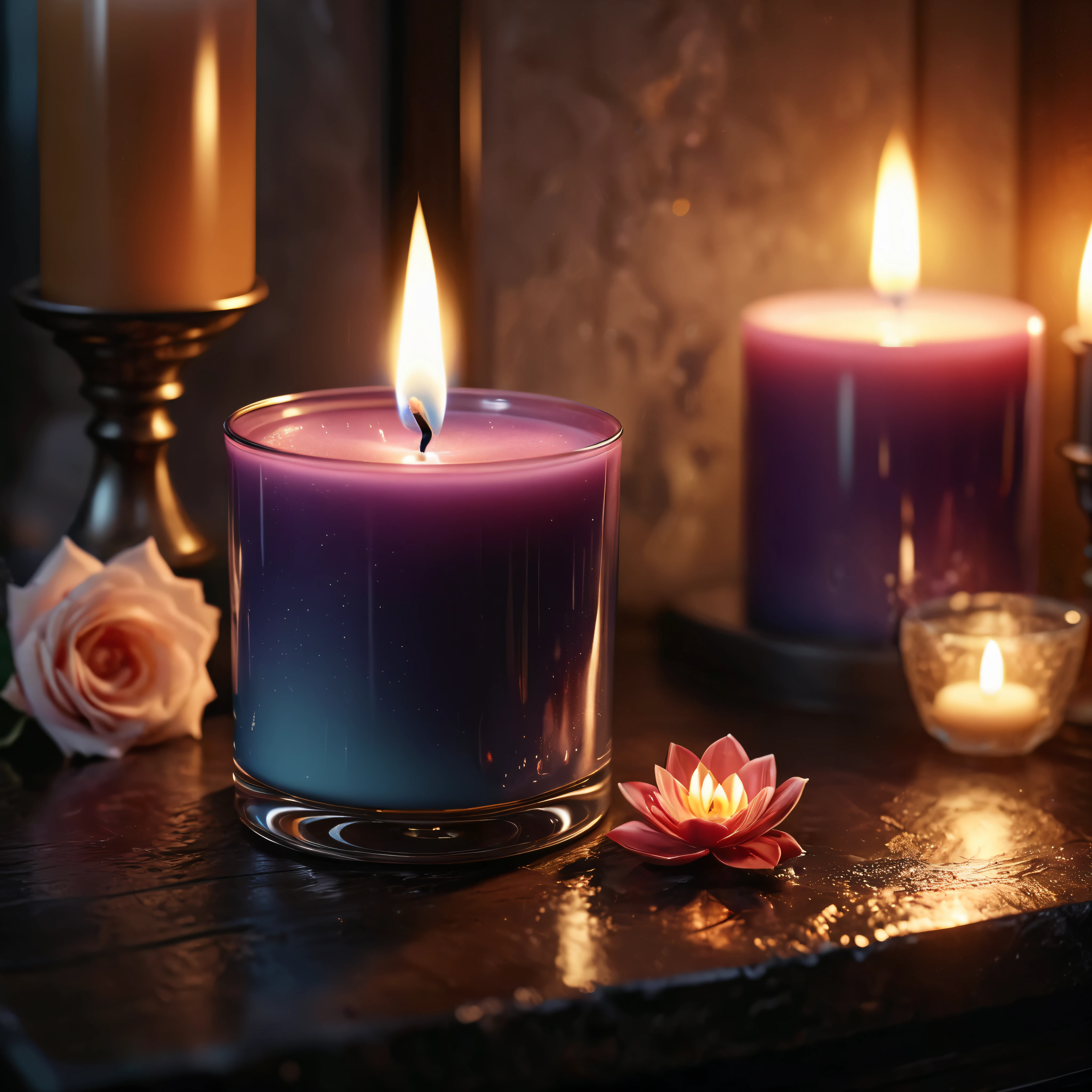 ((Masterpiece in maximum 16K resolution):1.6),((soft_color_photograpy:)1.5), ((Ultra-Detailed):1.4),((Movie-like still images and dynamic angles):1.3). | (Macro shot cinematic photo of a glowing aromatic candle in a fancy bathroom), (aesthethic scented candle), (dim background), (macro lens), (illuminate), (luminous object), (candle glass), (shimmer), (fancy bathroom), (aromatic flower), (visual experience),(Realism), (Realistic),award-winning graphics, dark shot, film grain, extremely detailed, Digital Art, rtx, Unreal Engine, scene concept anti glare effect, All captured with sharp focus. | Rendered in ultra-high definition with UHD and retina quality, this masterpiece ensures anatomical correctness and textured skin with super detail. With a focus on high quality and accuracy, this award-winning portrayal captures every nuance in stunning 16k resolution, immersing viewers in its lifelike depiction. | ((perfect_composition, perfect_design, perfect_layout, perfect_detail, ultra_detailed)), ((enhance_all, fix_everything)), More Detail, Enhance.

