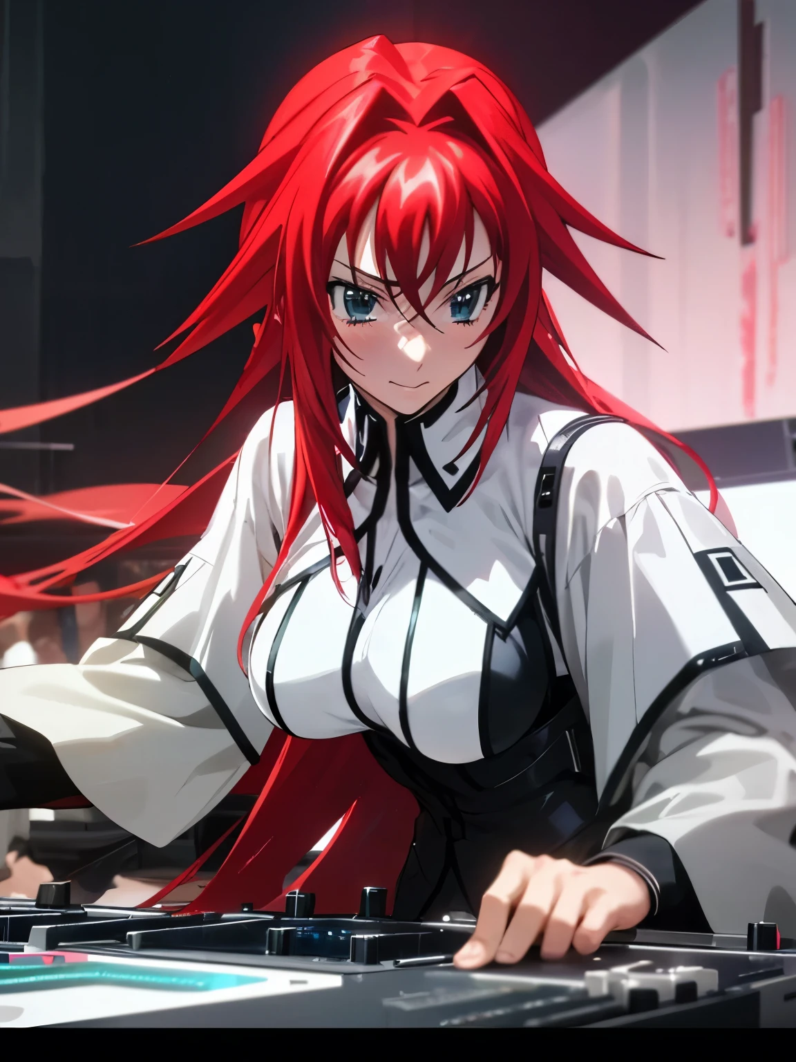 Make Rias Gremory a futuristic DJ This DJ should be wearing silver robotic clothing This DJ should be playing in Miami He&#39;s playing to a lot of people who are dancing Ultra-realistic photo, calidad 8k, full HD