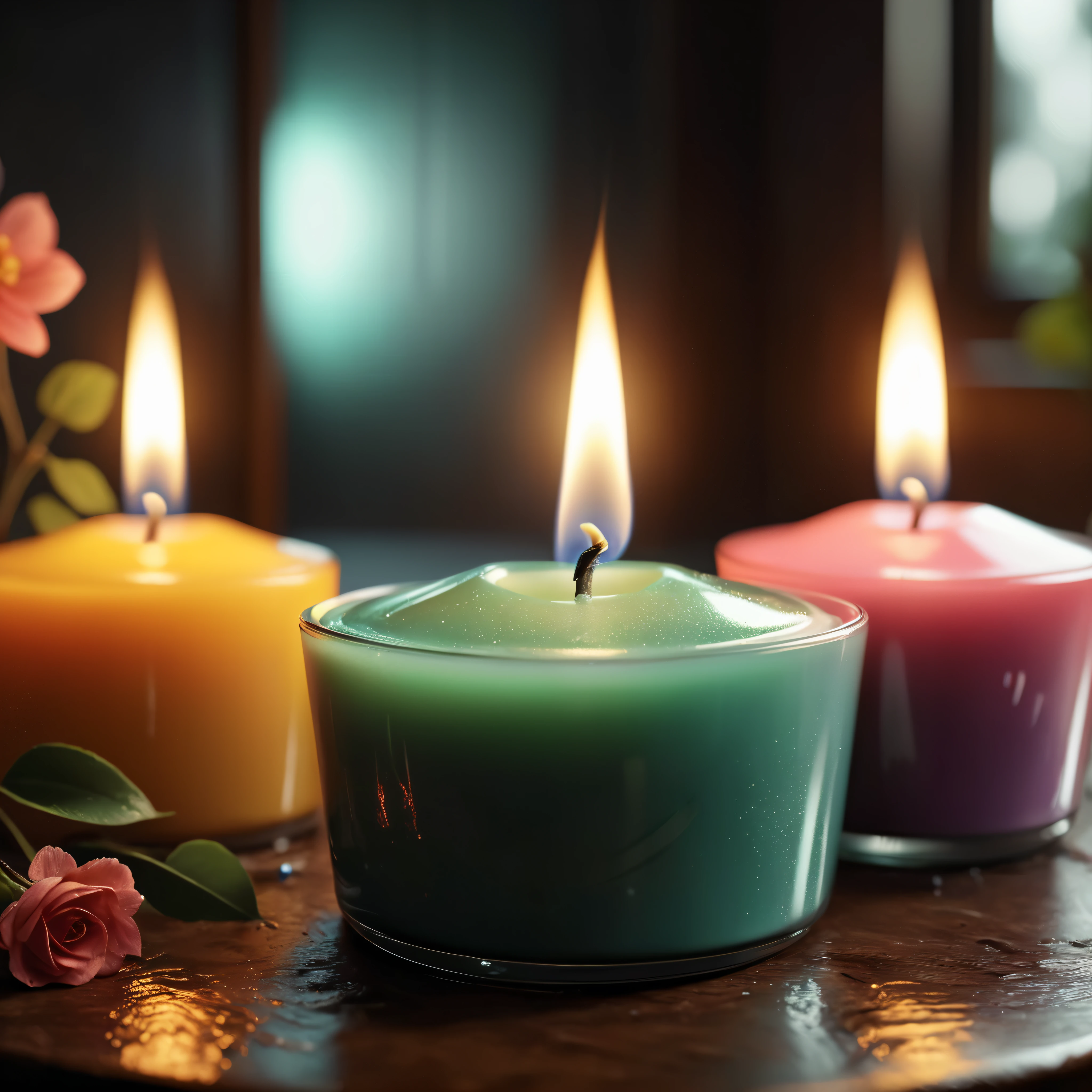 ((Masterpiece in maximum 16K resolution):1.6),((soft_color_photograpy:)1.5), ((Ultra-Detailed):1.4),((Movie-like still images and dynamic angles):1.3). | (Macro shot cinematic photo of a glowing aromatic candle in a fancy bathroom), (aesthethic scented candle), (dim background), (macro lens), (illuminate), (luminous object), (candle glass), (shimmer), (fancy bathroom), (aromatic flower), (visual experience),(Realism), (Realistic),award-winning graphics, dark shot, film grain, extremely detailed, Digital Art, rtx, Unreal Engine, scene concept anti glare effect, All captured with sharp focus. | Rendered in ultra-high definition with UHD and retina quality, this masterpiece ensures anatomical correctness and textured skin with super detail. With a focus on high quality and accuracy, this award-winning portrayal captures every nuance in stunning 16k resolution, immersing viewers in its lifelike depiction. | ((perfect_composition, perfect_design, perfect_layout, perfect_detail, ultra_detailed)), ((enhance_all, fix_everything)), More Detail, Enhance.

