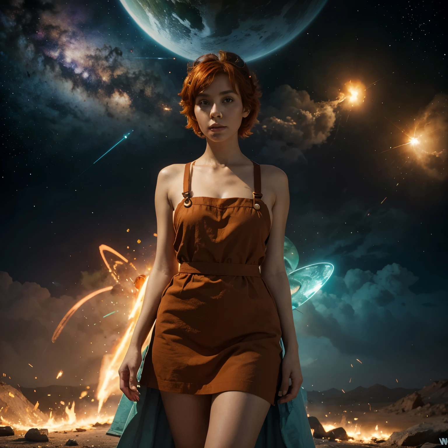 concept art, overhead angle of a Will-o'-the-wisp, wearing Funny Somali Emerald deep orange Pinafore, Caramel hair styled as Short hair, fluorescent purple Hair tie, equirectangular 360, Highres,  [(art by Willi Baumeister:1.1), (art by John T. Biggers:1.2)::17], official art, unity 8k wallpaper, ultra detailed, aesthetic, masterpiece, best quality, photorealistic