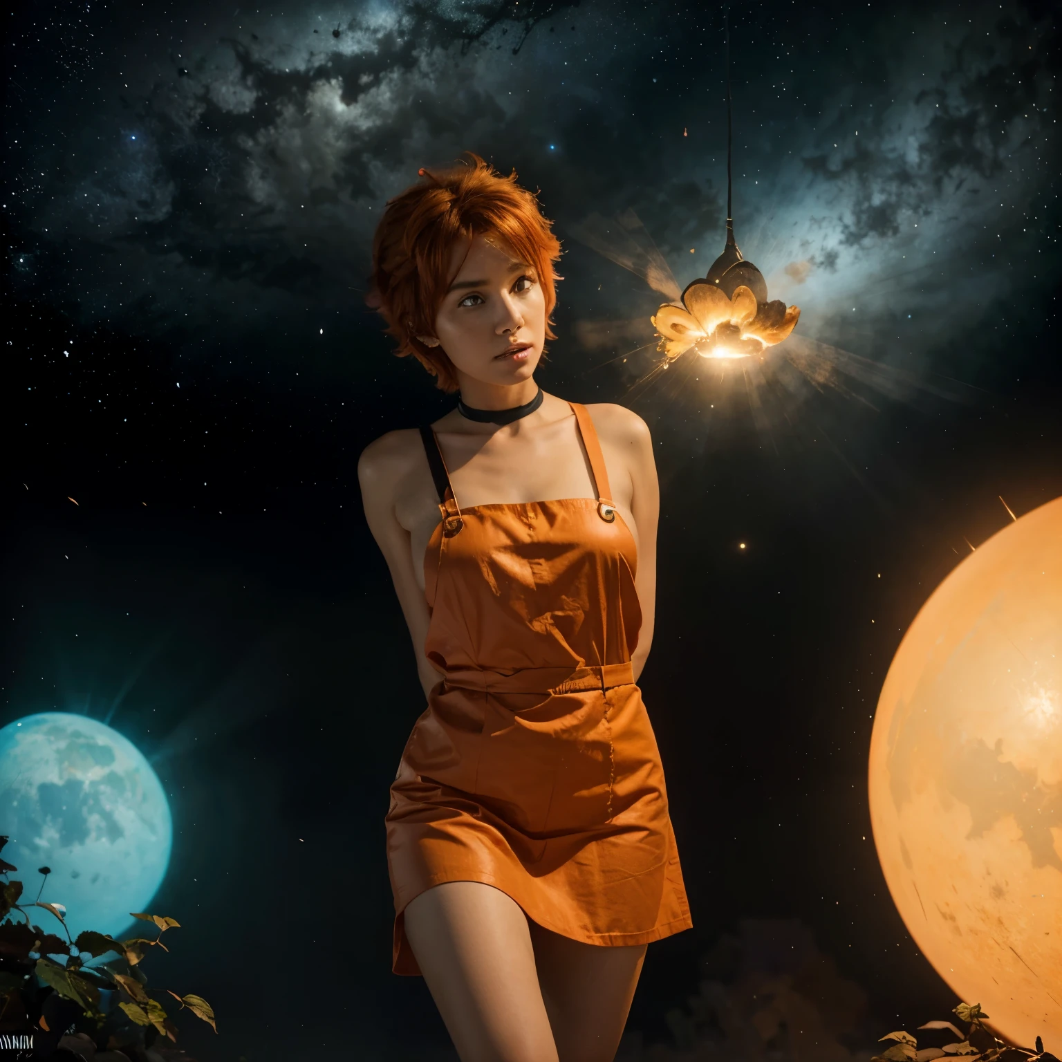 concept art, overhead angle of a Will-o'-the-wisp, wearing Funny Somali Emerald deep orange Pinafore, Caramel hair styled as Short hair, fluorescent purple Hair tie, equirectangular 360, Highres,  [(art by Willi Baumeister:1.1), (art by John T. Biggers:1.2)::17], official art, unity 8k wallpaper, ultra detailed, aesthetic, masterpiece, best quality, photorealistic