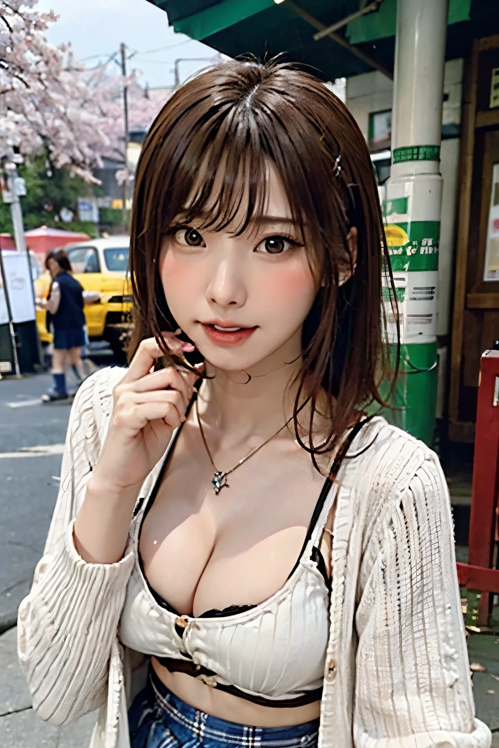 ((masutepiece, Best Quality, hight resolution, nffsw, Perfect Pixel, depth of fields, 4K, nffsw, nffsw))), 1girl in, Single, Solo, Beautiful anime girl, Beautiful Art Style, Anime Character, ((Long hair, Bangs, Brown hair)), ((Green eyes:1.4, rounded eyes, Beautiful eyelashes, Realistic eyes)), ((Detailed face, Blushing:1.2)), ((Smooth texture:0.75, Realistic texture:0.65, Photorealistic:1.1, Anime CG style)), ((medium breasts, cleavage, busty)), Dynamic Angle, Perfect body, ((POV, Selfie Pose, Portrait)), ((White sweater, Long sleeve, Black skirt, plaid skirts, Fashionable, 1 handbag, 1 diamond necklace)), Smile, Open mouth, amusement park, ((The cherry tree, Cherry blossoms fall))