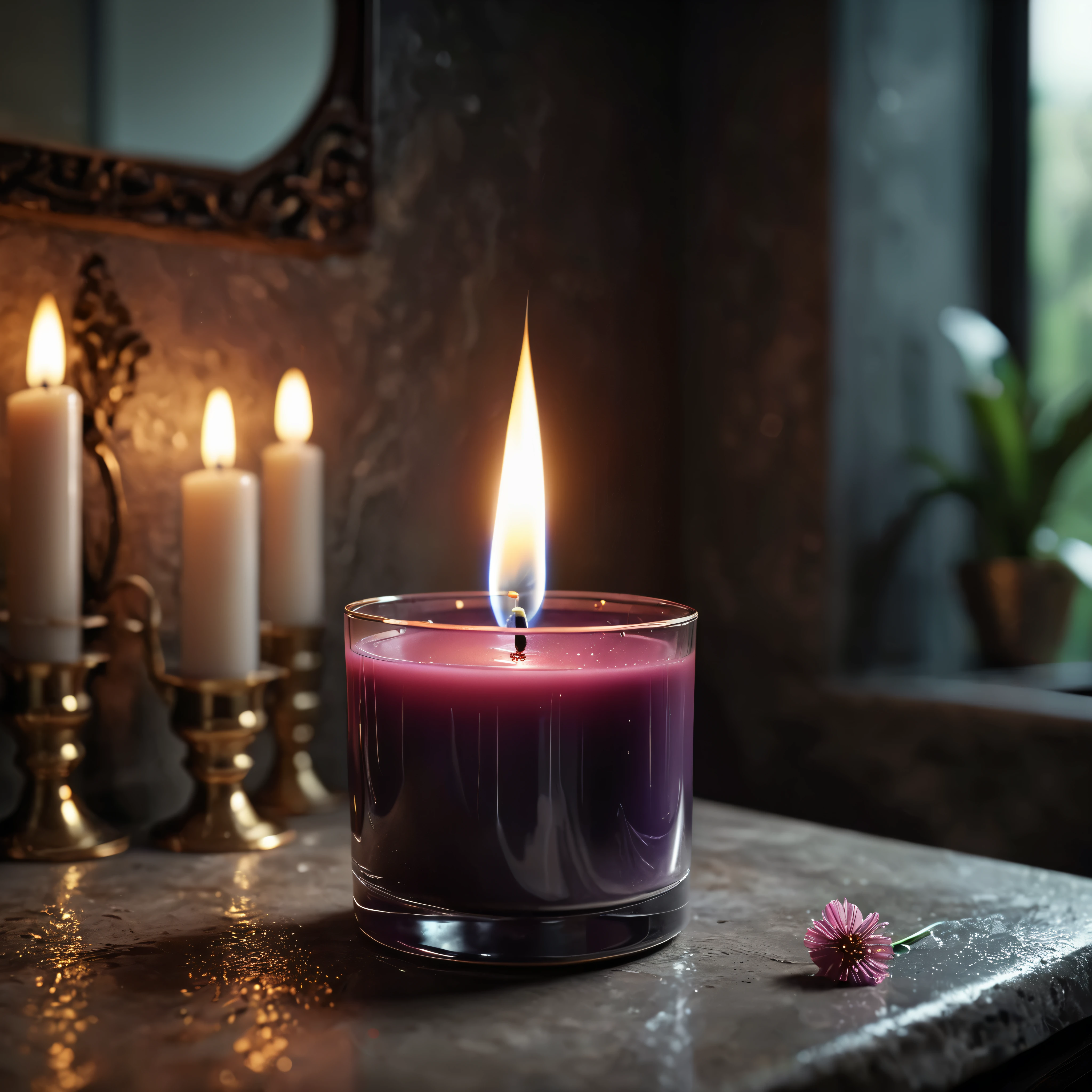 ((Masterpiece in maximum 16K resolution):1.6),((soft_color_photograpy:)1.5), ((Ultra-Detailed):1.4),((Movie-like still images and dynamic angles):1.3). | (Macro shot cinematic photo of a glowing aromatic candle in a fancy bathroom), (aesthethic scented candle), (dim background), (macro lens), (illuminate), (luminous object), (candle glass), (shimmer), (fancy bathroom), (aromatic flower), (visual experience),(Realism), (Realistic),award-winning graphics, dark shot, film grain, extremely detailed, Digital Art, rtx, Unreal Engine, scene concept anti glare effect, All captured with sharp focus. | Rendered in ultra-high definition with UHD and retina quality, this masterpiece ensures anatomical correctness and textured skin with super detail. With a focus on high quality and accuracy, this award-winning portrayal captures every nuance in stunning 16k resolution, immersing viewers in its lifelike depiction. | ((perfect_composition, perfect_design, perfect_layout, perfect_detail, ultra_detailed)), ((enhance_all, fix_everything)), More Detail, Enhance.

