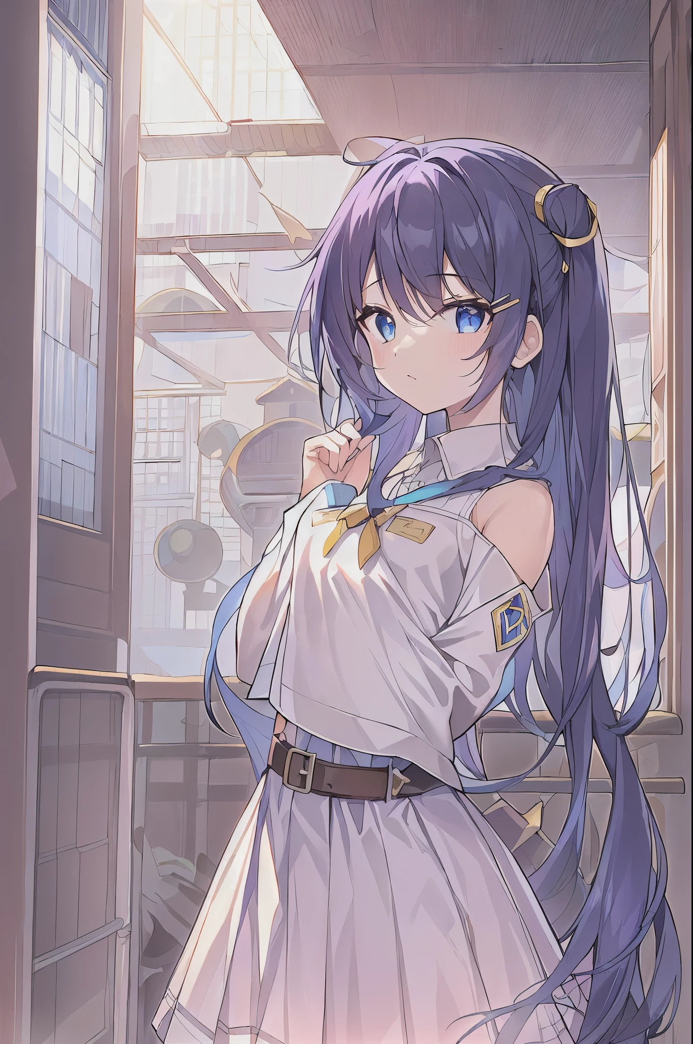 (((masterpiece))), (high quality:1.5), (beautiful:1.5), (((8K))), (High resolution:1.5), (High resolution:1.5), (1 girl:1.3), (child:1.5), (li:1.5), (dark blue straight long hair:1.3), (very long dark blue sideburns), (dark blue bangs with very large parting:1.3), (simple hair clip:1.4), (Ahoge:1.4), (small blue eyes:1.2), (slightly droopy eyes:1.3), (Super thick sideburns and super long sideburns:1.1), (very long and thick sideburns,,:1.1), (Ultra-flat chest:1.4), (extremely small breasts:1.4), laughter, (white cardigan), (white pleated skirt), stand on the station platform, (cowboy shot:1.2)