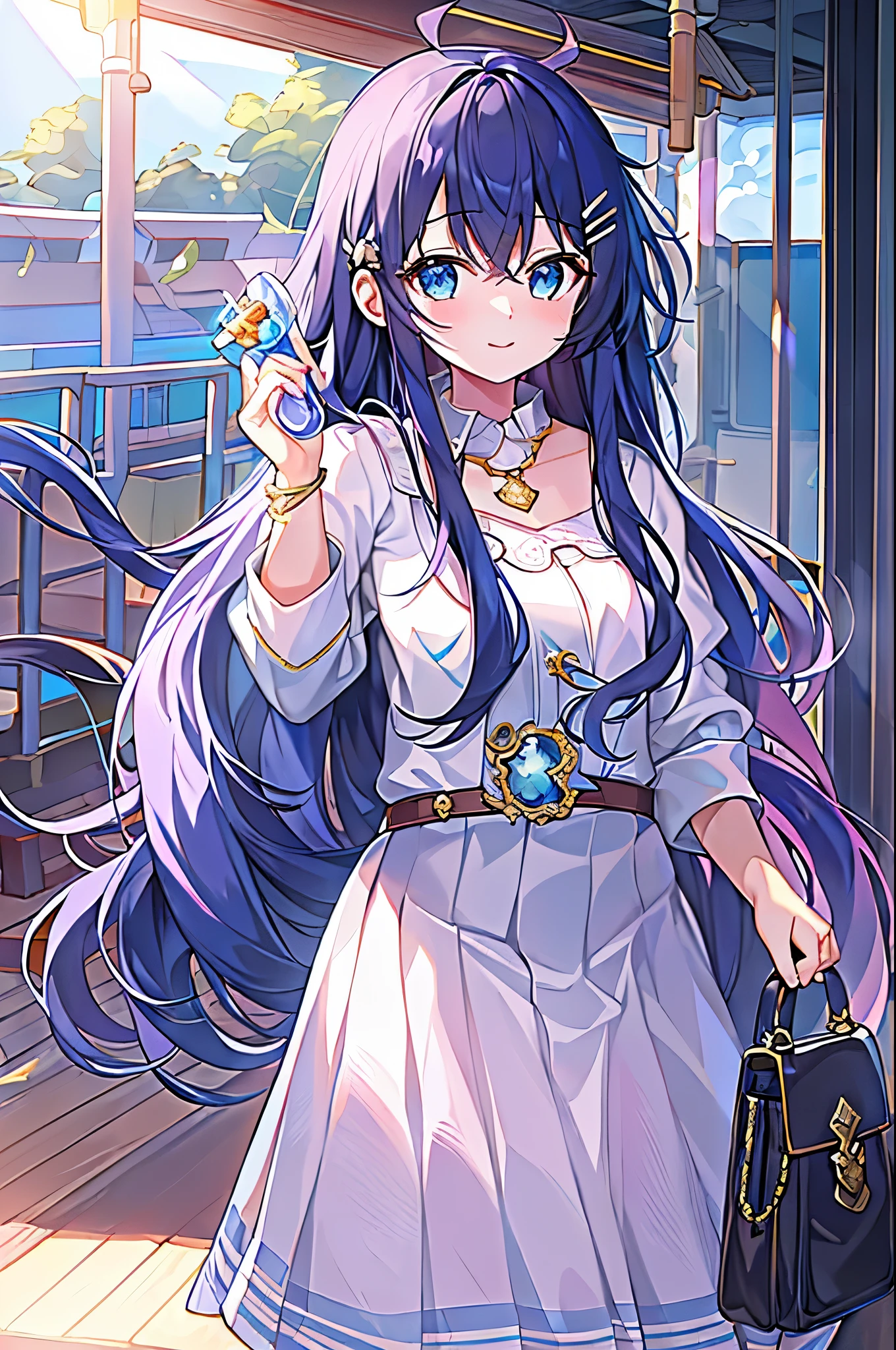 (((masterpiece))), (high quality:1.5), (beautiful:1.5), (((8K))), (High resolution:1.5), (High resolution:1.5), (1 girl:1.3), (child:1.5), (:1.5), (dark blue straight long hair:1.3), (very long dark blue sideburns), (dark blue bangs with very large parting:1.3), (simple hair clip:1.4), (Ahoge:1.4), (small blue eyes:1.2), (slightly droopy eyes:1.3), (Super thick sideburns and super long sideburns:1.1), (very long and thick sideburns,,:1.1), (Ultra-flat chest:1.4), (extremely small breasts:1.4), laughter, (white cardigan), (white pleated skirt), stand on the station platform, (cowboy shot:1.2)