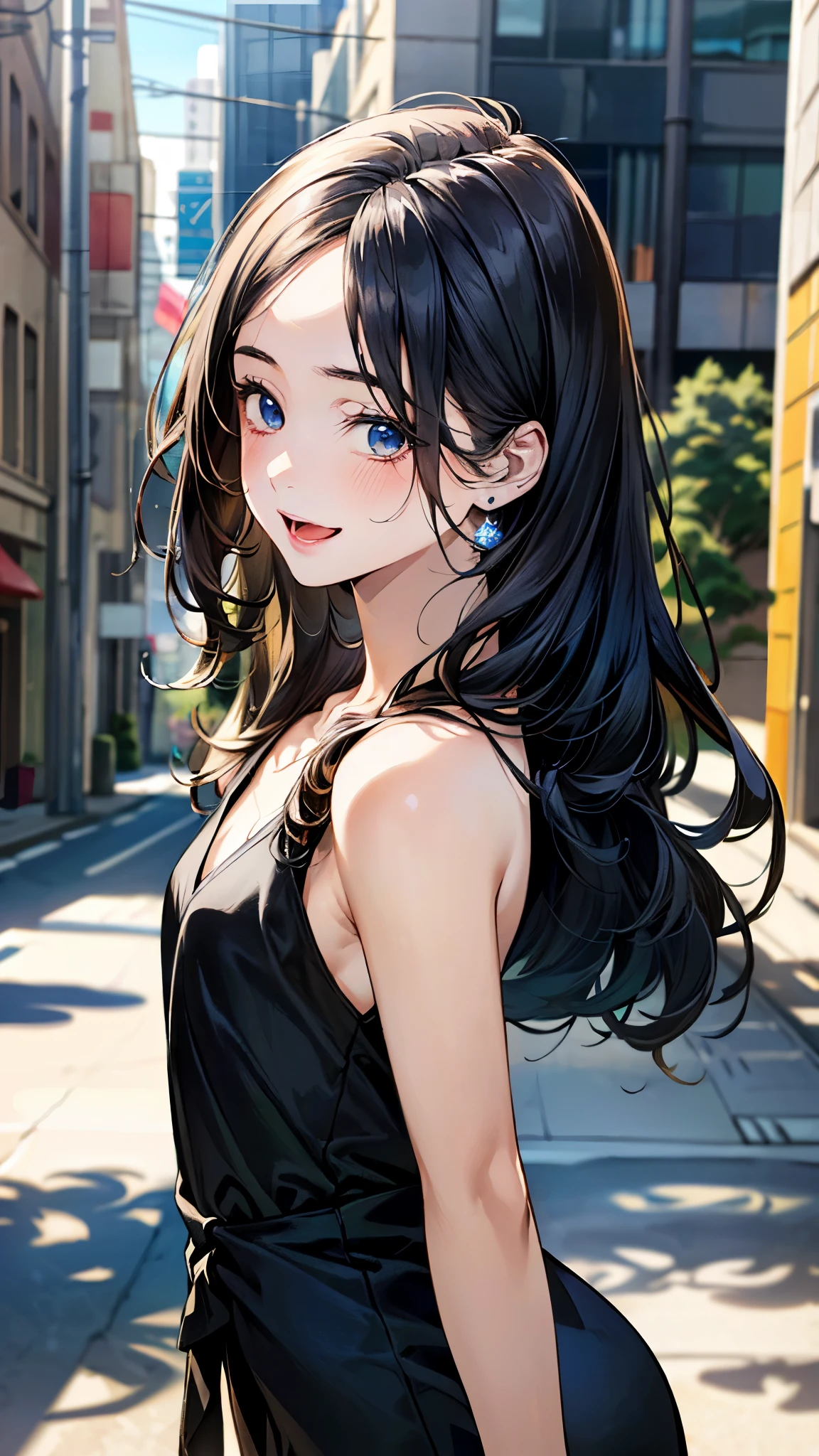 (masterpiece:1.3, top-quality, ultra high res, ultra detailed), (realistic, photorealistic:1.4), beautiful illustration, perfect lighting, natural lighting, colorful, depth of fields, 
beautiful detailed hair, beautiful detailed face, beautiful detailed eyes, beautiful clavicle, beautiful body, beautiful chest, beautiful thigh, beautiful legs, beautiful fingers, 
looking at viewer, (face focus, upper body), 1 girl, japanese, high school girl, perfect face, (perfect anatomy, anatomically correct), cute and symmetrical face, babyface, , shiny skin, 
(long hair:1.7, straight hair:1.0, dark blue hair), ((parted bangs, forehead)), , blue eyes, slant eyes, long eye lasher, (medium breasts:1.6, tight butt, seductive thighs), slender, 
((black v-neck dress)), 
(beautiful scenery), morning, (downtown), walking, (seductive smile, open mouth small), 