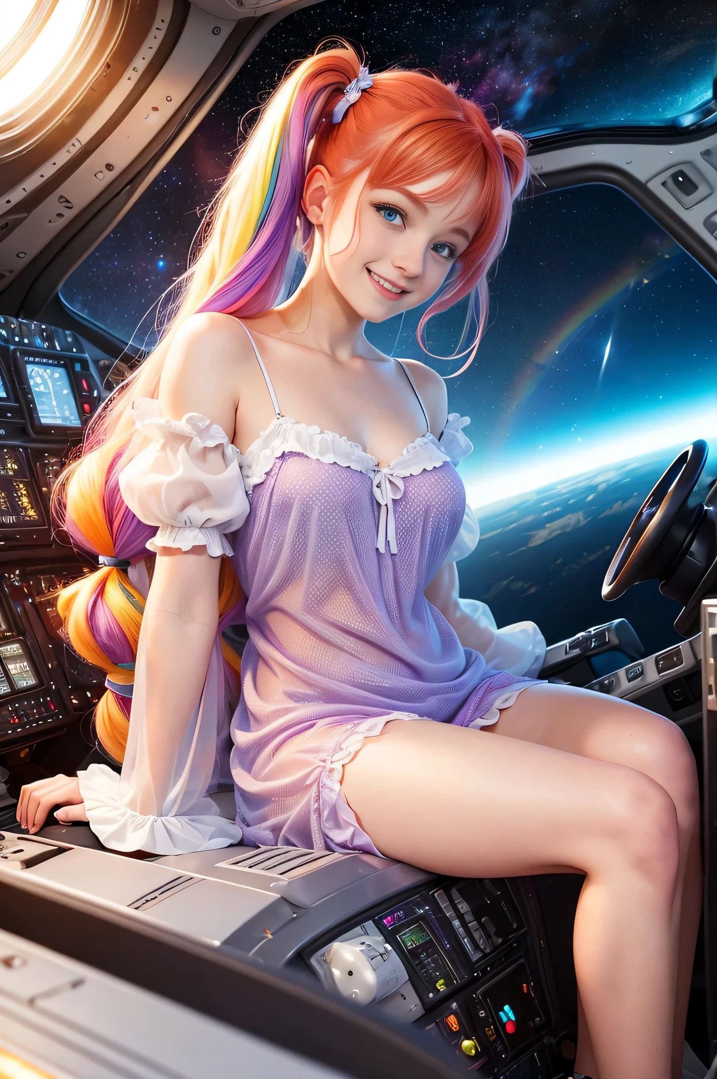 chemise(overhead view) Cute redhead with rainbow colored hair tips, ribbons in her hair, 18-year-old woman, happy, smiling, in twin tails, perfect eyes, clear sparkling blue eyes, pale skin, silky smooth white skin, alabaster skin, flying a fancy metal luxurious space ship, futuristic cockpit, she's a pilot, outer space seen in windows, dark warm lighting, wearing a futuristic silk body suit, low cut top (chemise), (pastel rainbow colors, and polka dots), puffy sleeves silk.