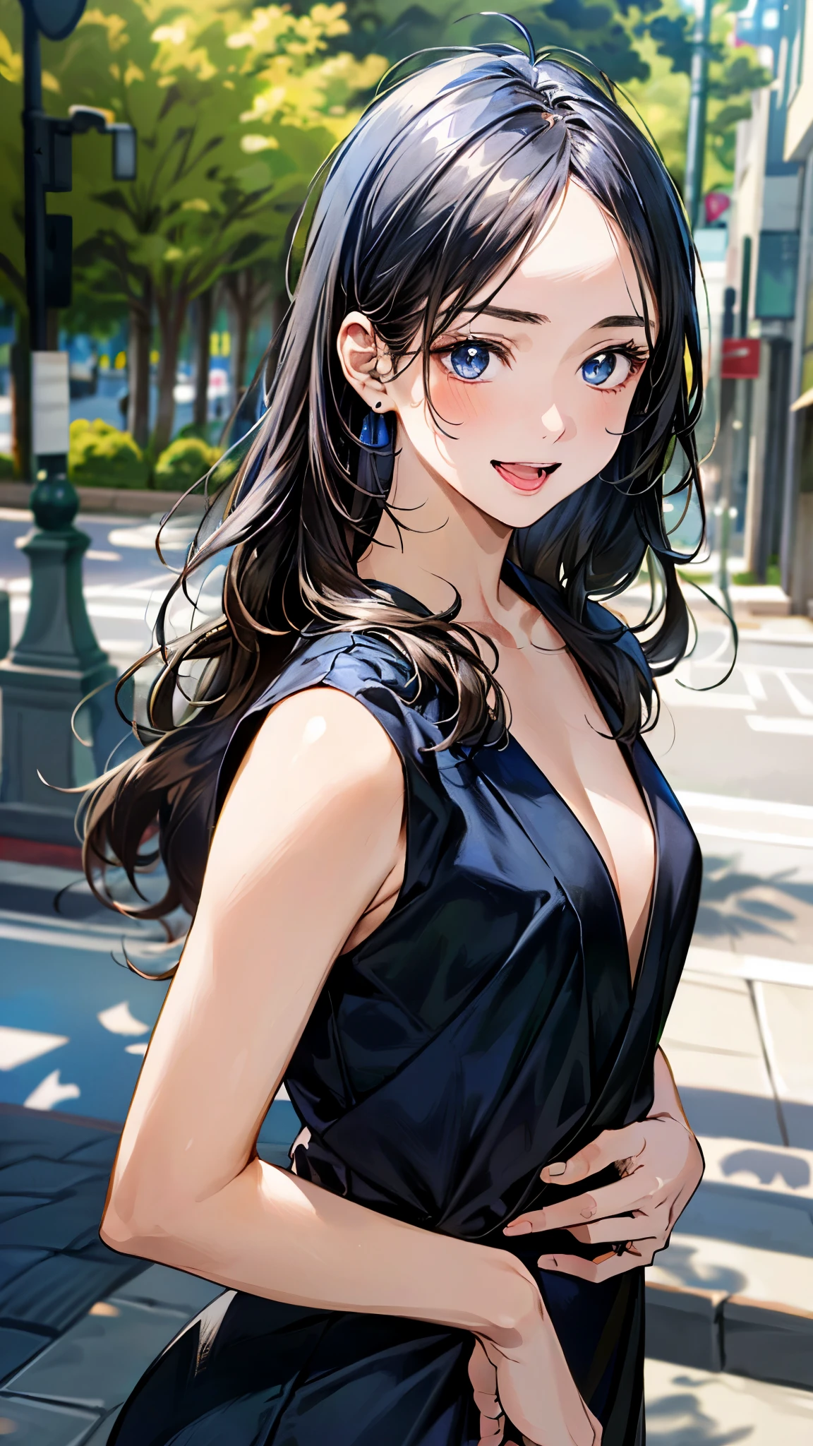 (masterpiece:1.3, top-quality, ultra high res, ultra detailed), (realistic, photorealistic:1.4), beautiful illustration, perfect lighting, natural lighting, colorful, depth of fields,
beautiful detailed hair, beautiful detailed face, beautiful detailed eyes, beautiful clavicle, beautiful body, beautiful chest, beautiful thigh, beautiful legs, beautiful fingers,
looking at viewer, (face focus, upper body), 1 girl, japanese, high school girl, perfect face, (perfect anatomy, anatomically correct), cute and symmetrical face, babyface, , shiny skin,
(long hair:1.7, straight hair:1.0, dark blue hair), ((parted bangs, forehead)), , blue eyes, slant eyes, long eye lasher, (medium breasts:1.6, tight butt, seductive thighs), slender,
((black v-neck dress)),
(beautiful scenery), morning, (downtown), walking, (seductive smile, open mouth small),