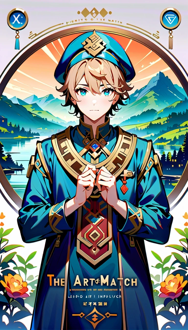 whole body，1 boy，Genshin,Mika,Zephyr Knights,surveyor,Explorer temperament,Attention to detail,Xin Haicheng style,beautiful scenery,Delicate light and shadow,emotional,Soft toned brushstrokes,have,Backpack,Device details,the art of mathematics,Innovation perspective,folk art elements,Virtual singer,Kagamine,Style fusion,Magazine cover design,visual impact