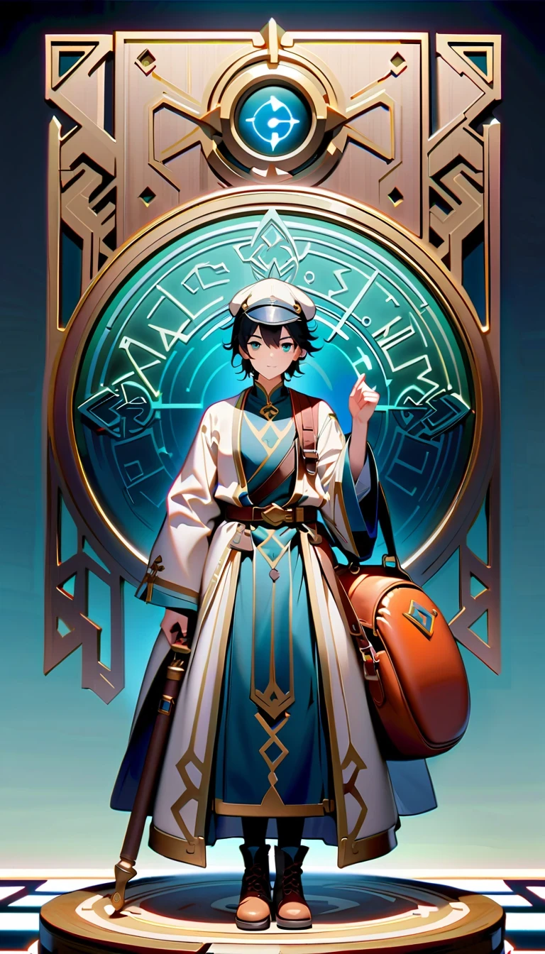 whole body,1 boy,Genshin,Mika,Zephyr Knights,surveyor,Explorer temperament,Attention to detail,Xin Haicheng style,beautiful scenery,Delicate light and shadow,emotional,Soft toned brushstrokes,have,Backpack,Device details,the art of mathematics,Innovation perspective,folk art elements,Virtual singer,Kagamine,Style fusion,Magazine cover design,visual impact