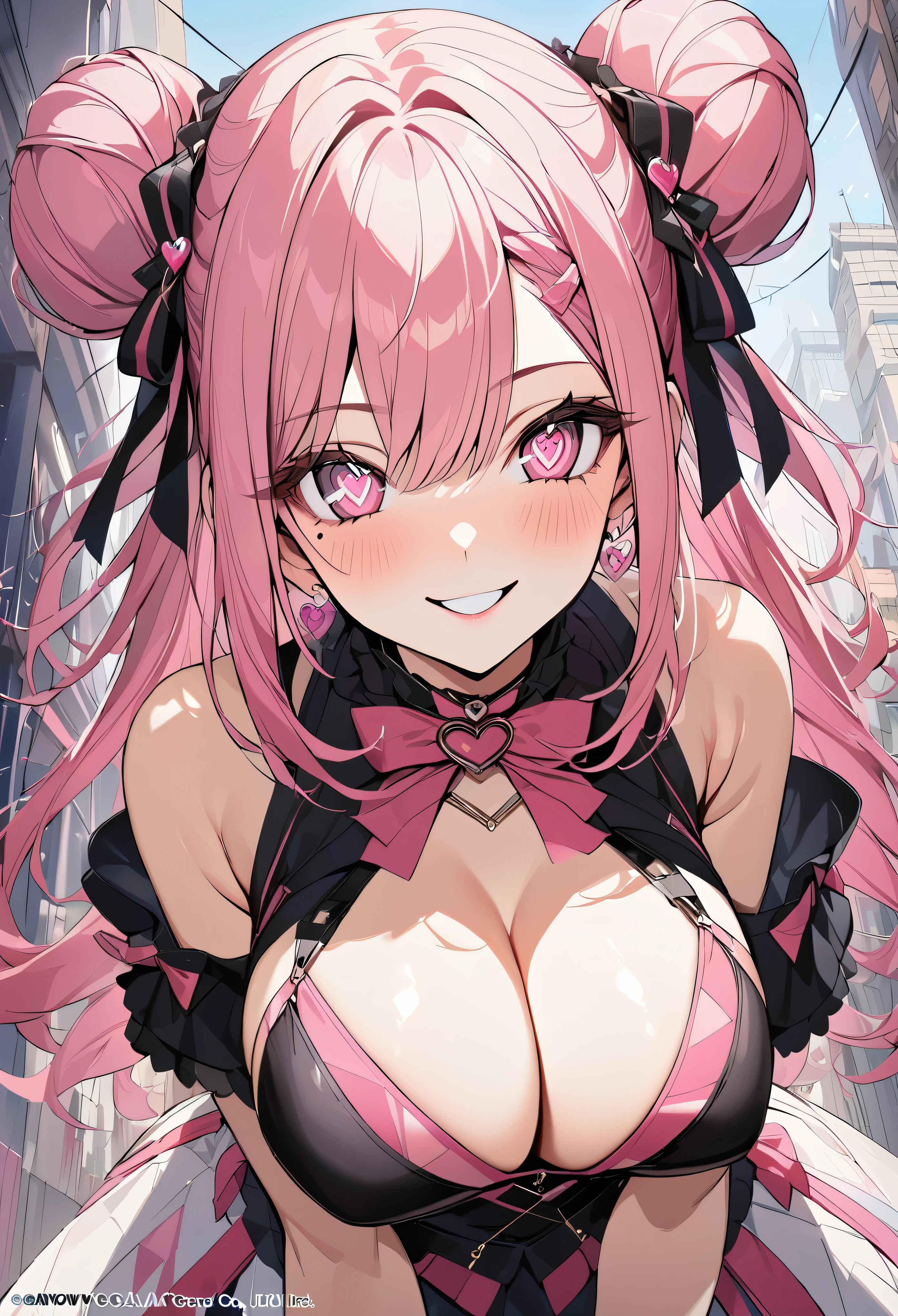 1 girl, pink long bun hair, Symbol-shaped eyes, +_+, big breasts, idol costume, {girl with pink long bun hair named Nami}, (Pink eye color), {downtown}, (smile), bright background , mole under eye, heart shaped choker, (masterpiece, highest quality), very detailed, highest quality, official art, beautiful and aesthetic: 1.2), (1 girl), very detailed, (geometry art: 1.3), colorful, most detailed ?d1 girl, pink long bun hair, Eye of the symbol, +__+, big breasts, gothic costume, {A girl with long pink bun hair named Nami}, (Pink eye color), {downtown}, (smile), bright background, mole under eye, heart shaped choker, (masterpiece, highest quality), official art, beautiful and aesthetic: 1.2), (1 girl), very detailed, (geometry art: 1.3), colorful