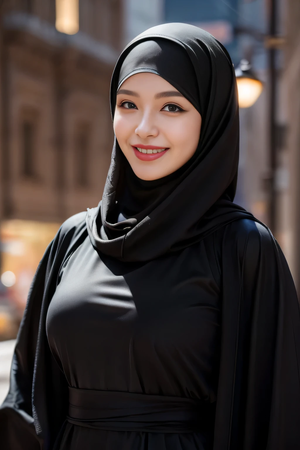 (k, RAW photo, best quality, masterpiecel1.4), ((wall streets background)) , (( smile face )), (realistic, photo-realistic:1.37), photo of a women in black hijab, 1girl, (lighting), ((wearing black fit jubah)) , ((looking at viewer)), ((covered breast))