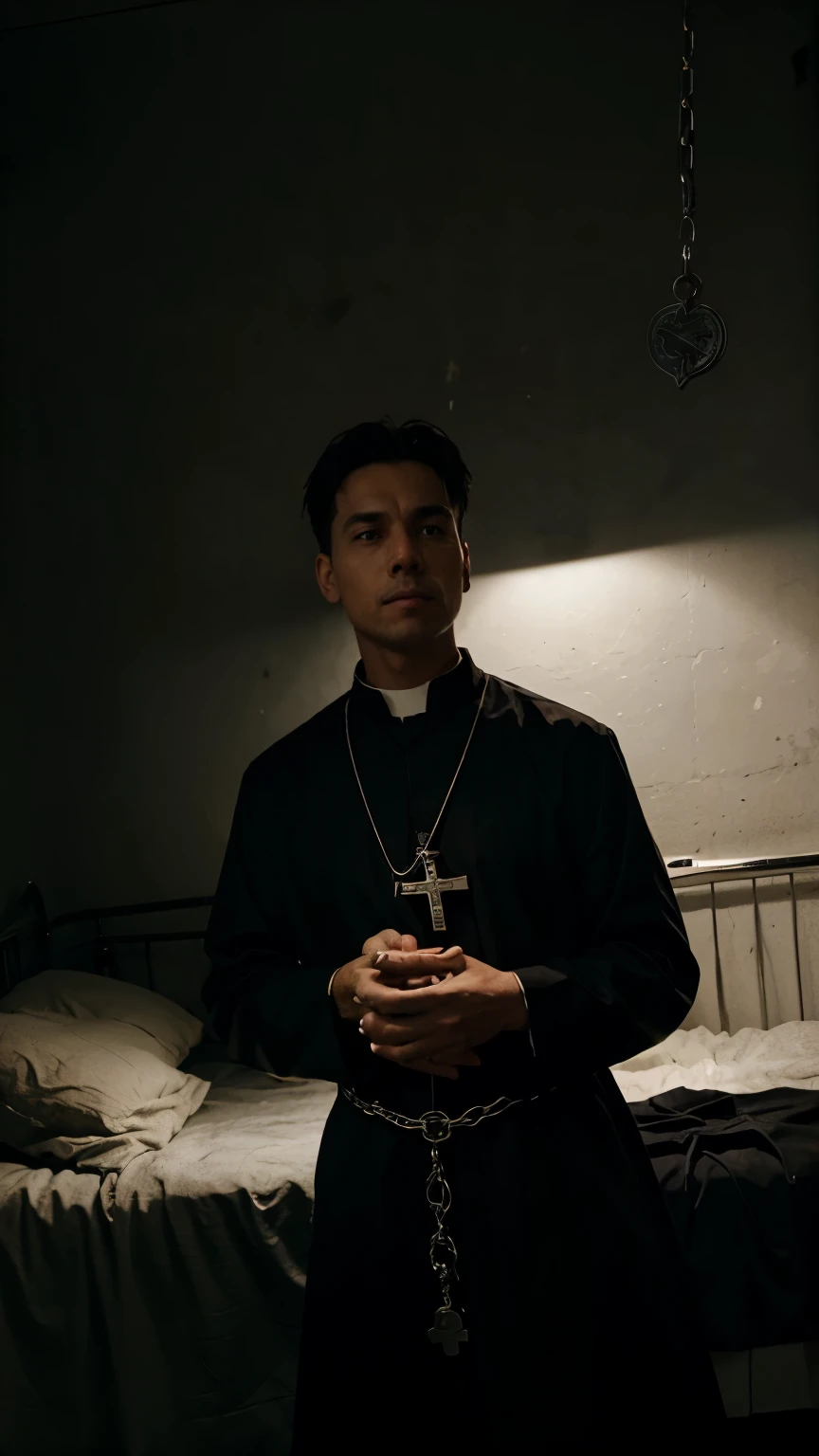Priest with a small silver cross in his hand who is raised over a chained on top of the bed in a dark basement