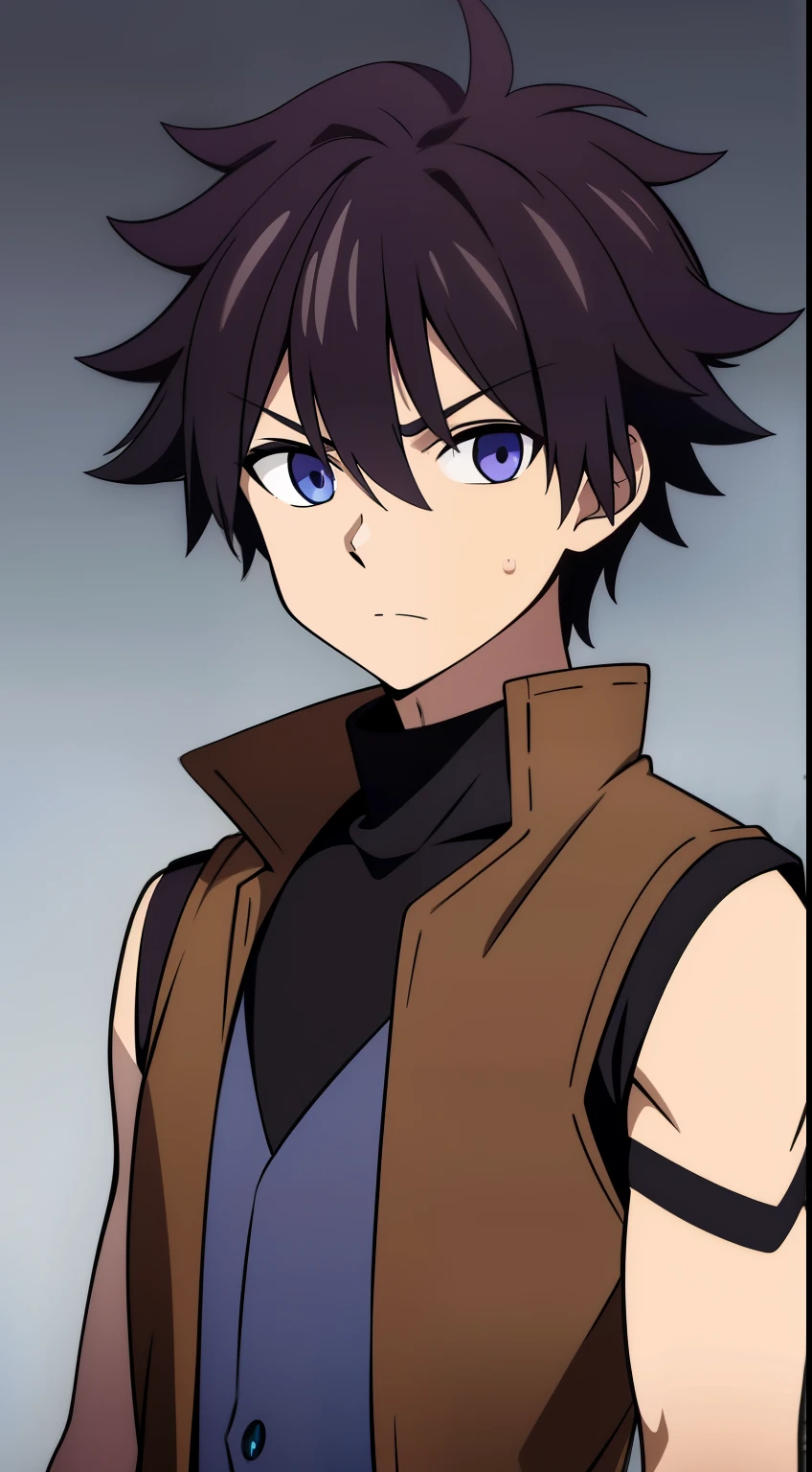 (high-quality, breathtaking),(expressive eyes, perfect face) 1boy, male, solo, age 15, ??? age, masculine face, dark brown color hair, purple eye color, spiky hair, medium hair length, relaxed expression, 4" Height, childlike face, modern clothing, brown sleeveless jacket, fluff jacket, Symmetrical Eyes, portrait, headshot, wide shot, black background, grey background, narrow eyes,