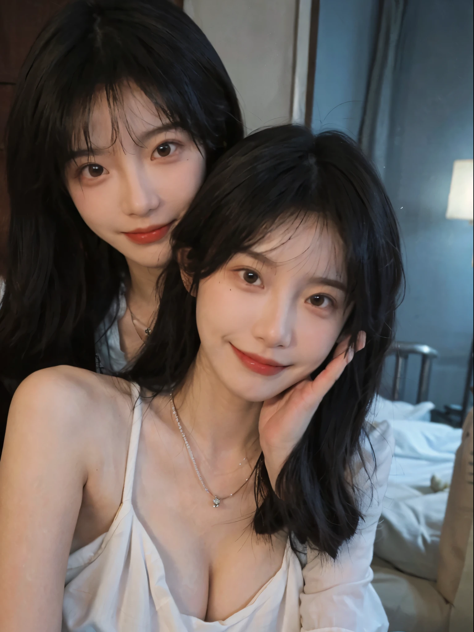 best quality, ultra high resolution, (realistically:1.4),cute hairpin,Baoyu Girl,European style apartment,(flat chest:1.2) ,A pair of clear and charming peach blossom eyes,Royal sister,The sun shines on the face,Big wavy hairstyle,(necklace:1.2),(White skin:1.4),a sense of atmosphere,a beautiful girl, Smile,looking directly at the viewer, Close-up ,(lifelike:1.4),1 girl,Sexy,(Upbody:1.4),(wet),(:1.2)
