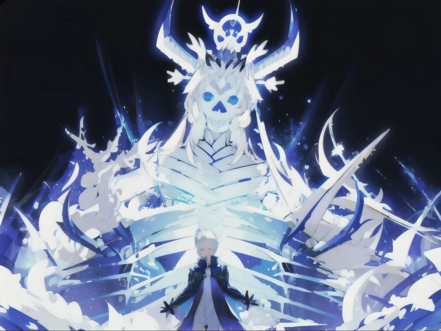 Blonde girl，blue coat，snowflake hair accessories，inside a giant，Black long sword，Susanoo，（（blue and white skull））