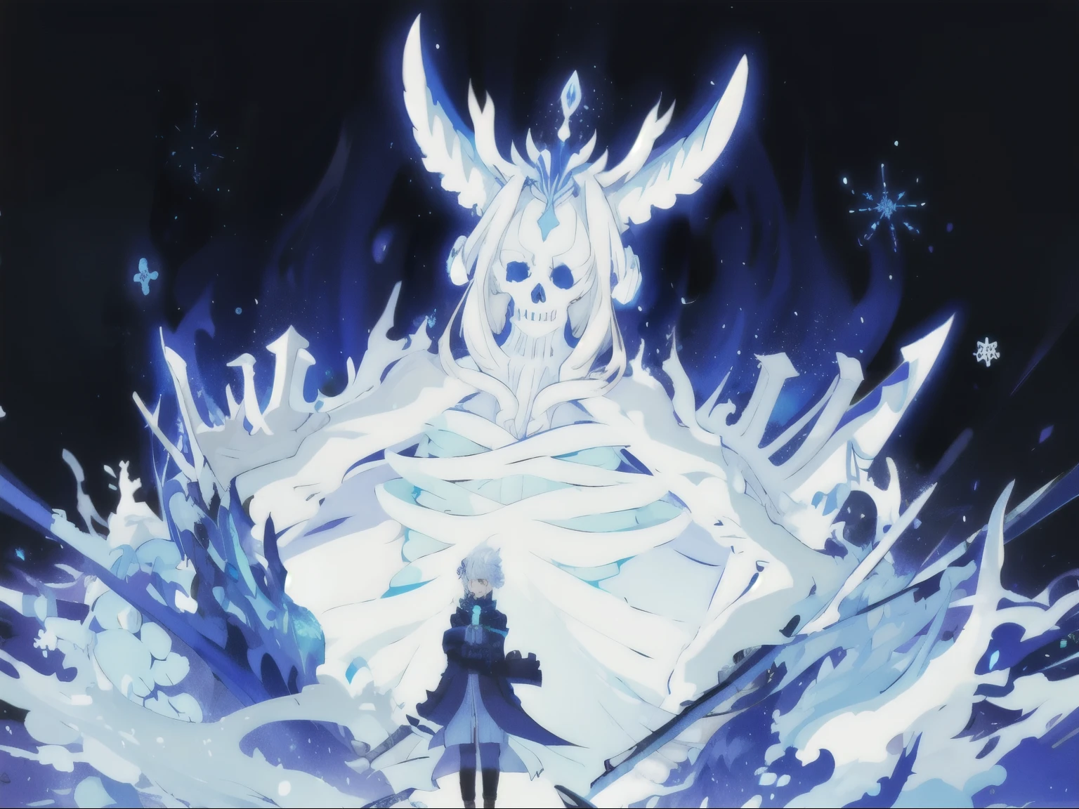 Blonde girl，blue coat，snowflake hair accessories，inside a giant，Black long sword，Susanoo，（（blue and white skull））