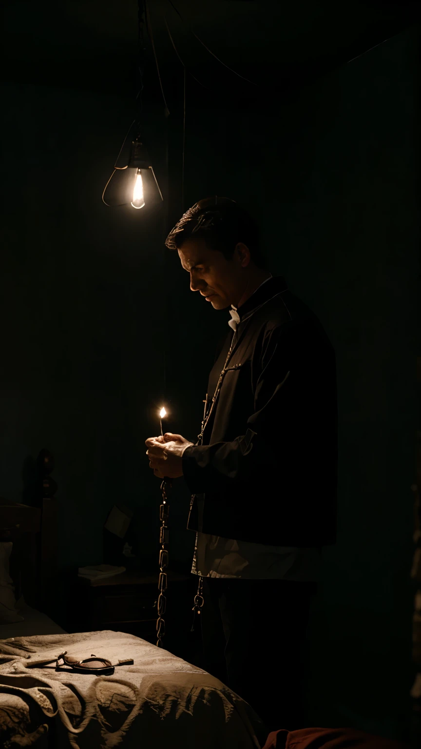 Priest exorcising a  chained to the bed in a dark room 