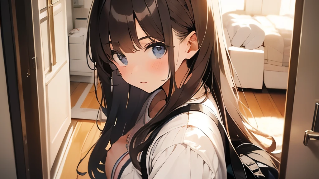 22 year old woman、one's home、hair is brown、long hair、fluffy feeling、chest is big、entrance、very cute、morning、have a bag