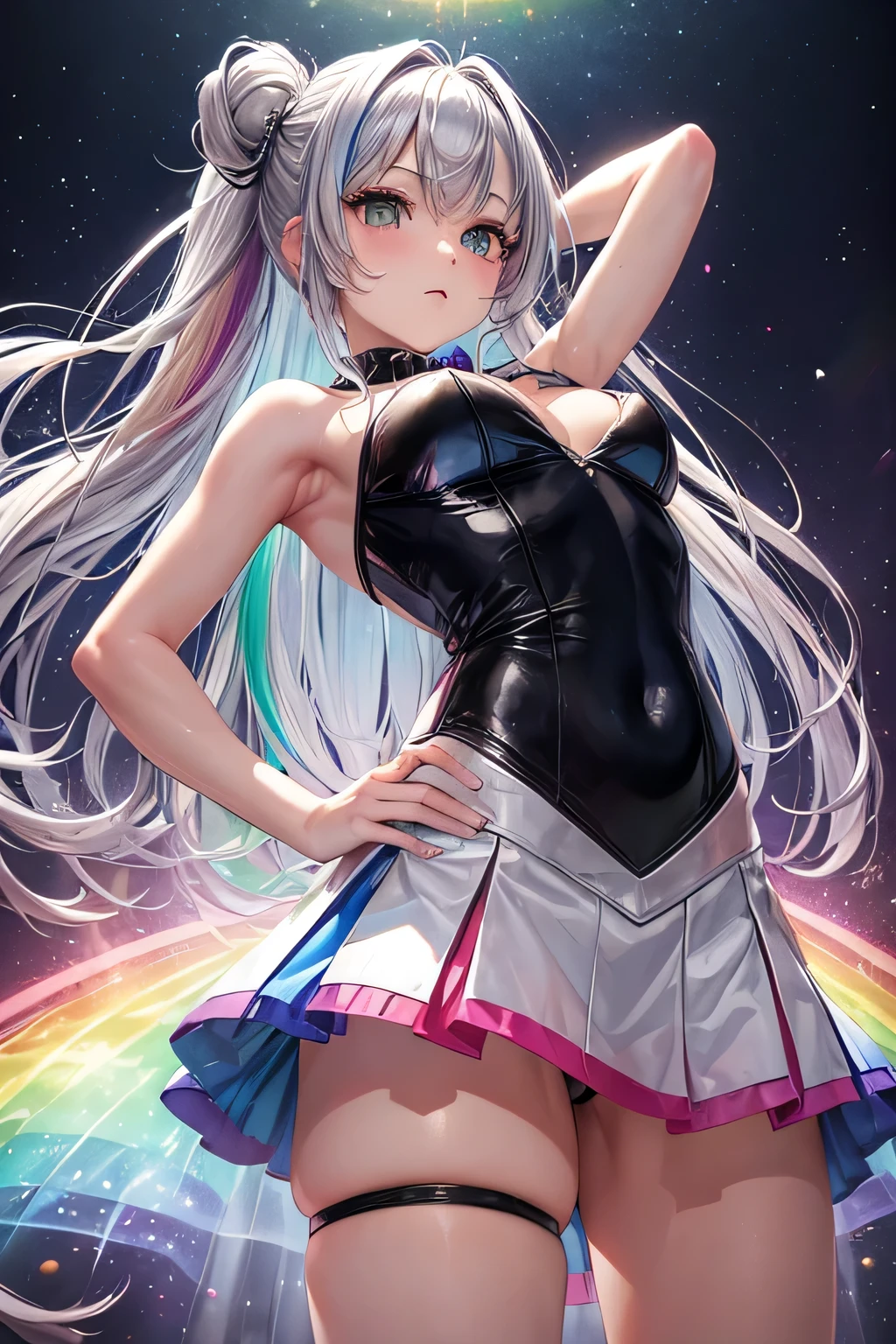 (((Rainbow-colored)))leotard、mini skirt、panty shot、Beautiful Girl Magician、silver hair upstyle、((whole body))、(((photo taken from below)))、magic circle、background is sky