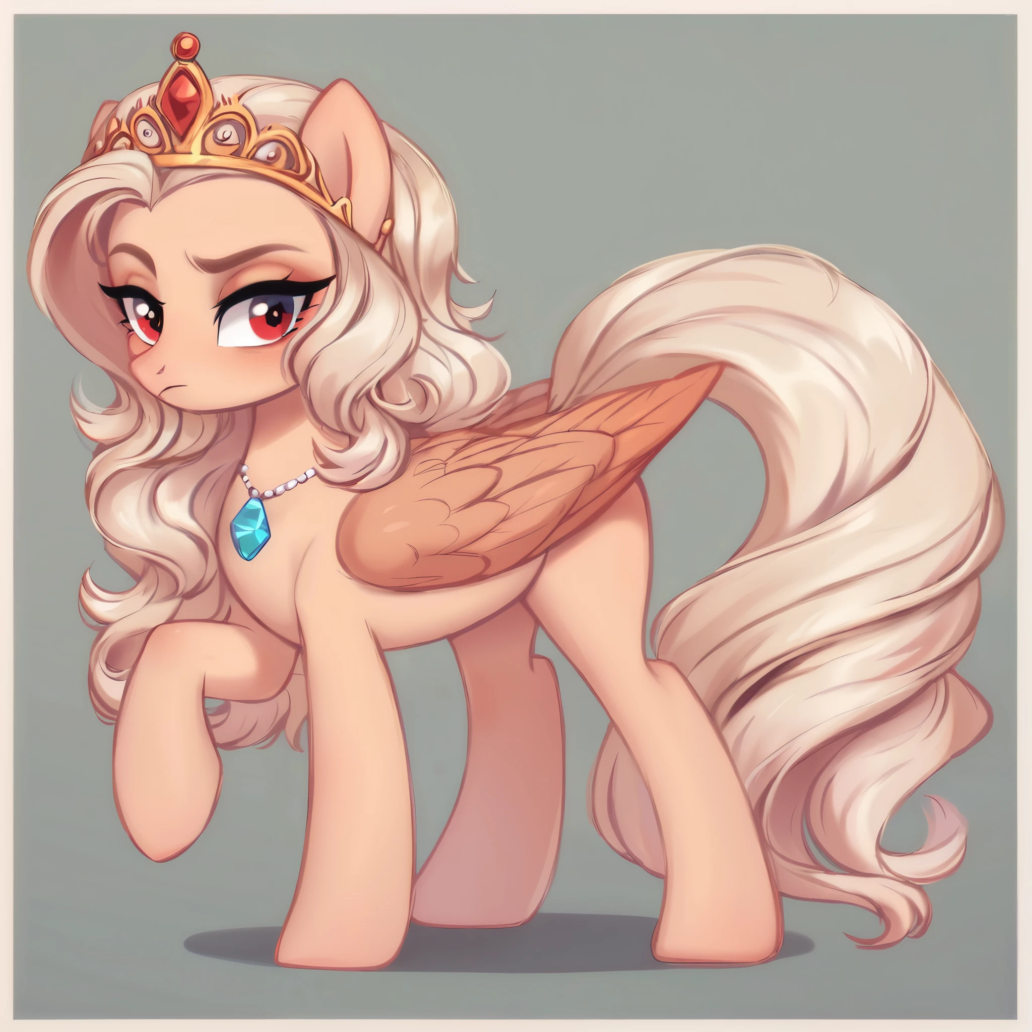 score_9, score_8_up, score_7_up, score_6_up, score_5_up, score_4_up, show accurate, full body, simple background, feral pony, female pony, adult pony, pegasus pony, pegasus wings, wings of the same skin color, golden tiara on the head, queen, cold look, scarlet eyes, icy skin, gem necklace,