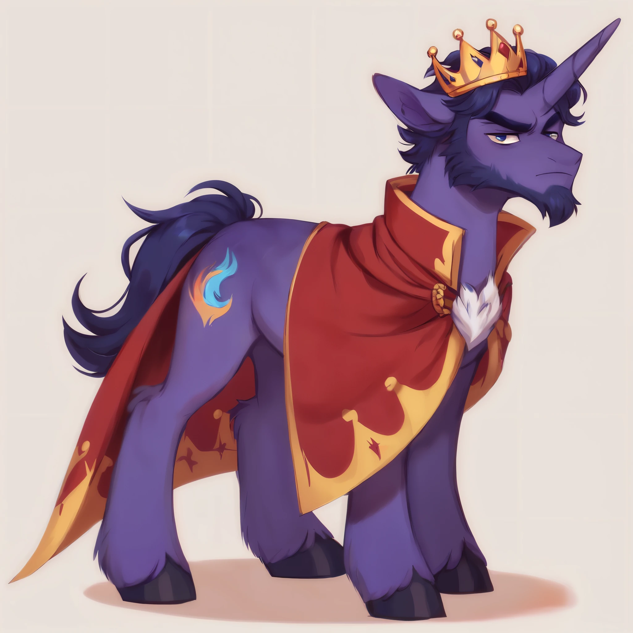 score_9, score_8_up, score_7_up, score_6_up, score_5_up, score_4_up, show accurate, full body, simple background, feral pony, male pony, adult pony, black and purple fur, unicorn, unicorn horn, crown on head, red cape with gold details, king, bitter face, serious face, small beard on the chin, short hair,