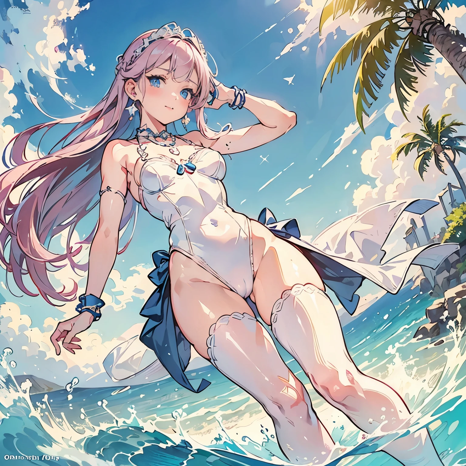 low angle,from below,(1girl), ((masterpiece, highest resolution,best quality)), (beautiful illustration),(semi long beautiful silver pink hair),(beautiful blue eyes), (white beautiful elegant one piece swimsuit), (swimming in the sea),
innocent smile, white over-kneehighs,Lace chalker, wristband, fingerless gloves, over-kneehighs,
Lace chalker, diamond necklace,wristband, fingerless gloves, earrings, windy,cinematic lighting, beach, sand, blue sky, waves, coconut tree,