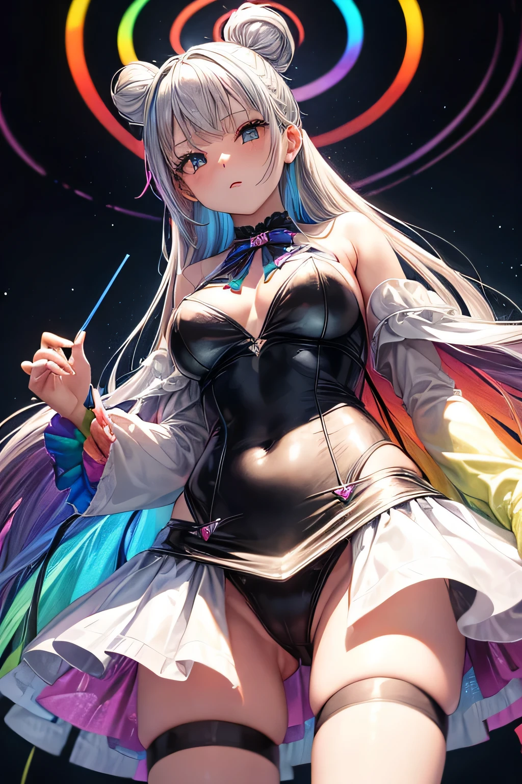 (((Rainbow-colored)))leotard、mini skirt、panty shot、Beautiful Girl Magician、silver hair upstyle、((whole body))、(((photo taken from below)))、magic circle、background is sky