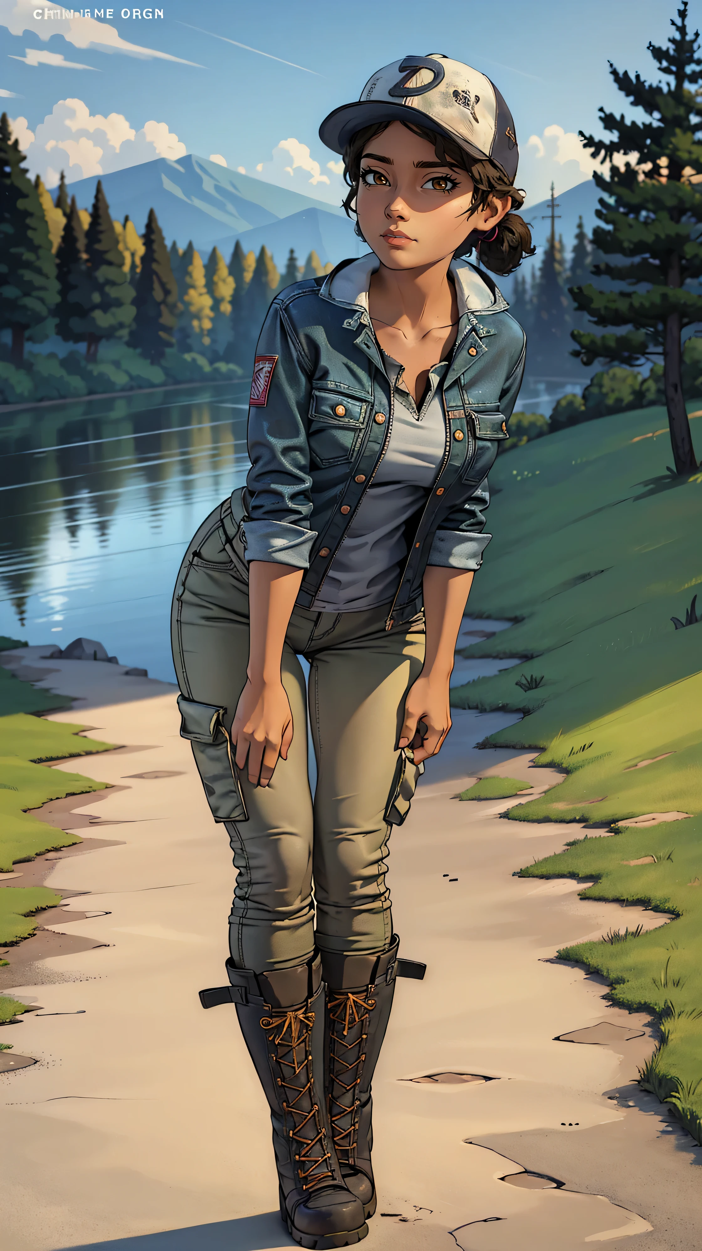 ((masterpiece, best quality)),(complex lighting) ,solo,(((1girl))) ,clementine, light skin,light-skinned female, baseball cap, green cargo pants, brown eyes, tight pants, combat boots, shirt, short hair, one short ponytail, open denim jacket, huge butt, thicc butt , (((8k))), (((full body))), (((bent over))), (((looking at the viewer))), (((view from in front of her))), big breasts