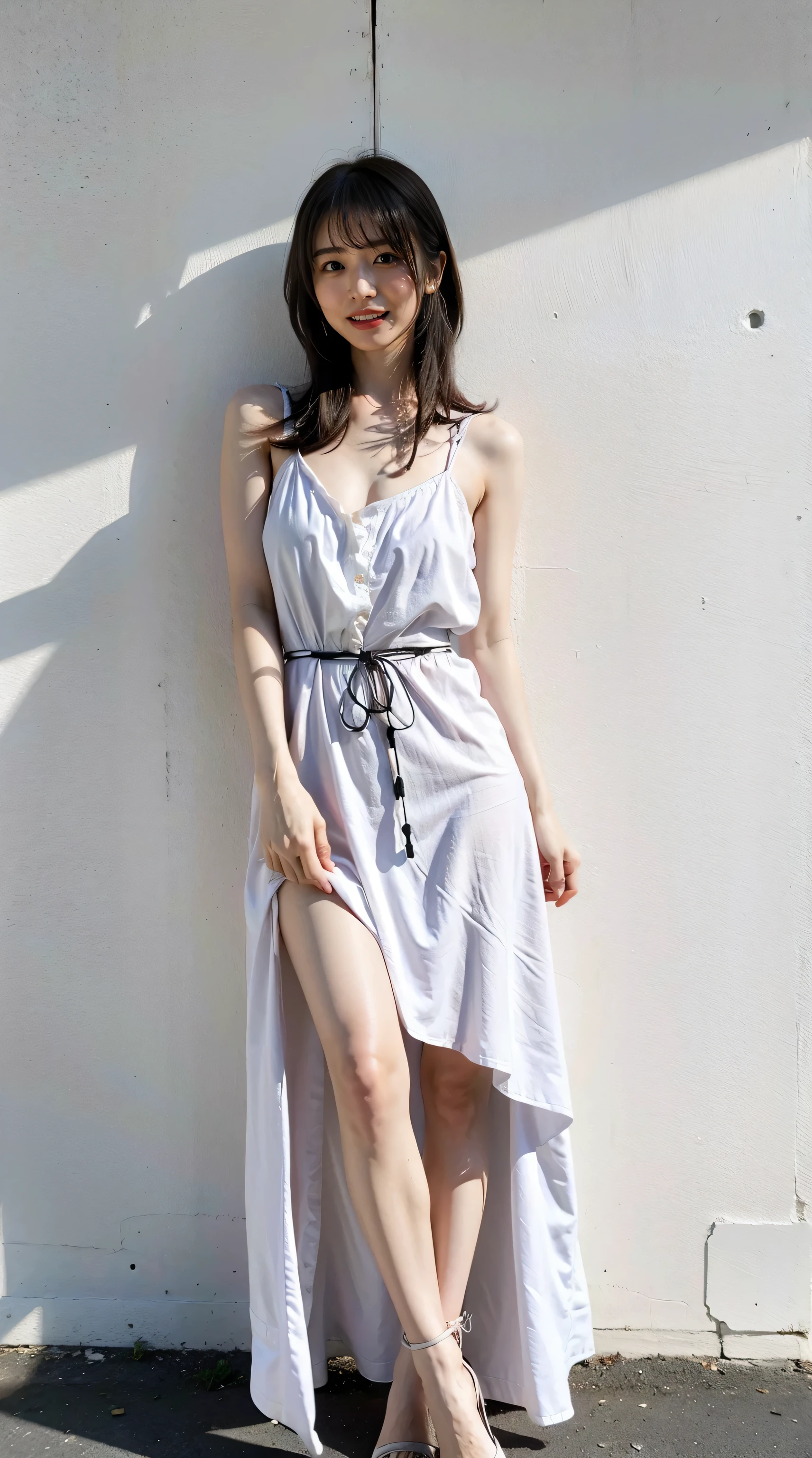 (8K、Raw photo、highest quality、masterpiece:1.2)、(realistic、Photoreal)、1 girl、((camisole dress、I can see your feet、belt、big breasts、Seen from the front、stand with legs apart、)、lots of eyelashes、Glitter on your eyelids、skeletally correct、sweaty body、Beautifully aligned fingertips、smile、standing with hands on hips、above the sky