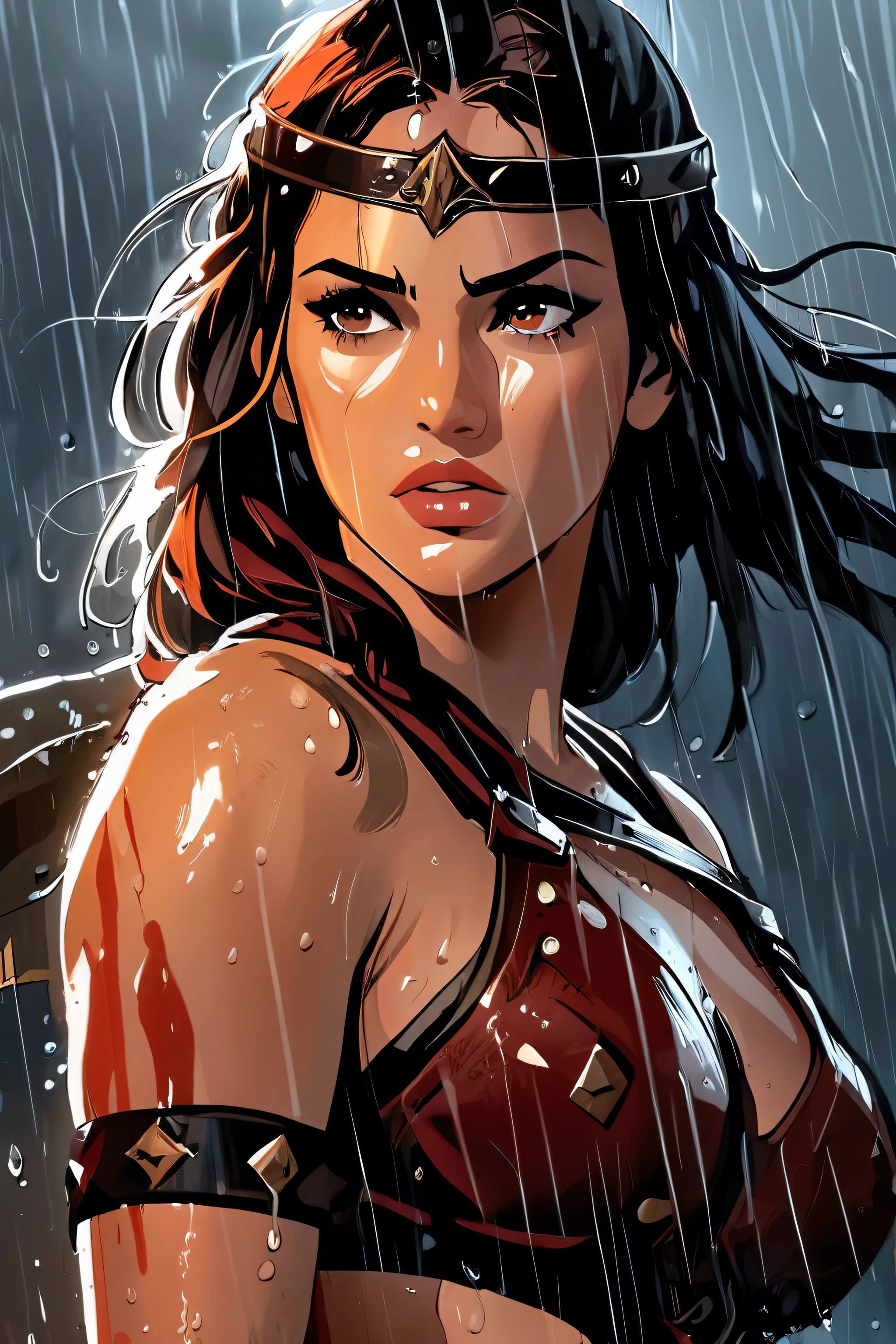 style,Epic illustration of a barbarian warrior woman, standing resolute in the pouring rain,looking at the camera, close up, evoking the grandeur of Gladiator, soaked in blood, undamaged details, while rendering with dynamic lighting, sweeping camera angles, and intense emotional depth,cinematic background, cinematography in artistic style, large strokes, finalized with ink, fine lines