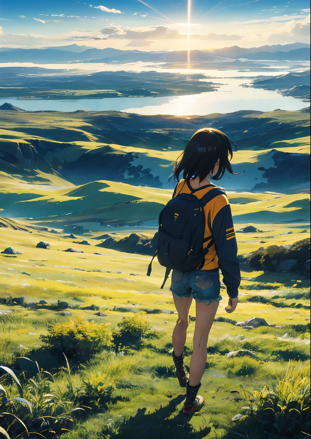 vast sky, beautiful skyline, wide grassland, dramatic photos, moving visual effects, Polaris in extreme difficulty, colorful natural light and. long sleeve tops, denim shorts, and a girl with a backpack.