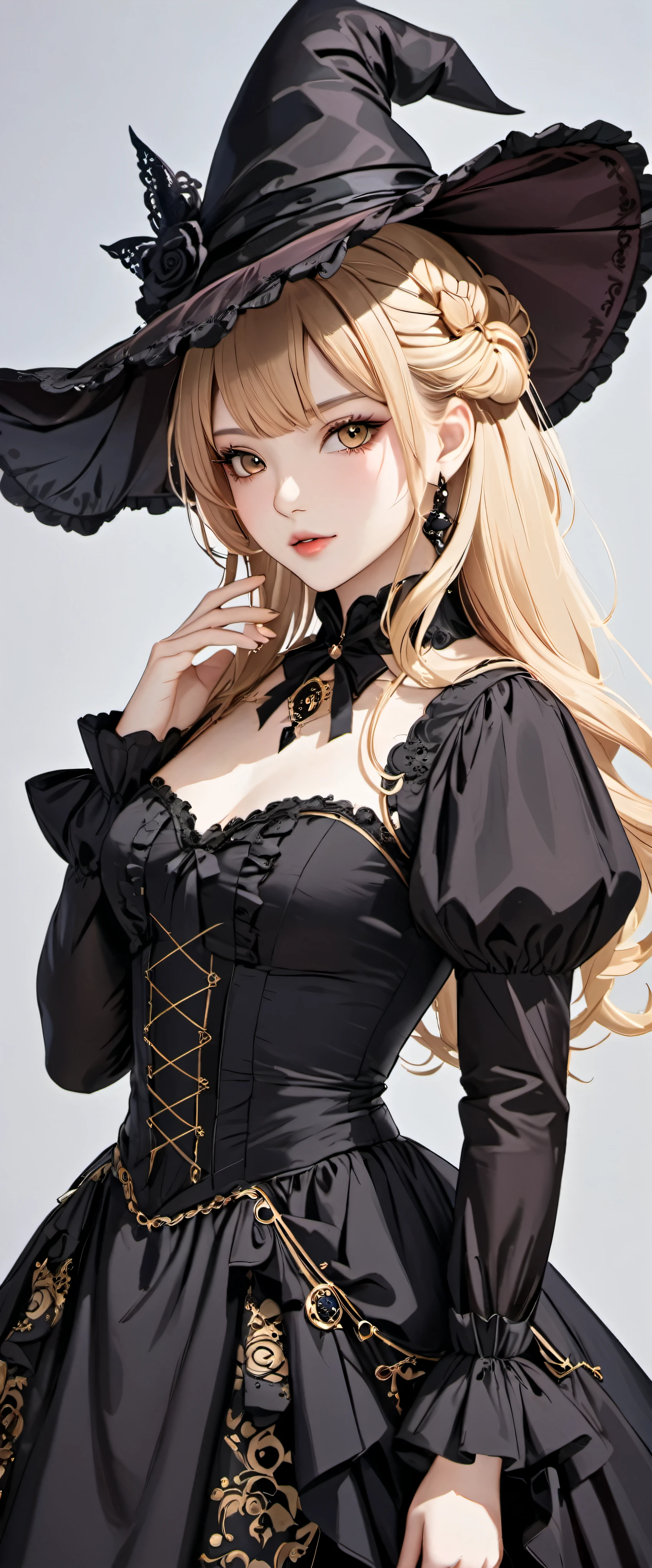 woman wearing dress and boots , baroque dress, Wearing an elaborate steampunk dress, elegant gothic princess, victorian gothic lolita fashion, historical baroque dress dark, black gothic lolita dress, fantasy style clothing, rococo dress, black rococo, classic witch, fantasy costume, wearing a gothic dress, romantic dress, gothic dress,blonde,,(((upper body portrait)))