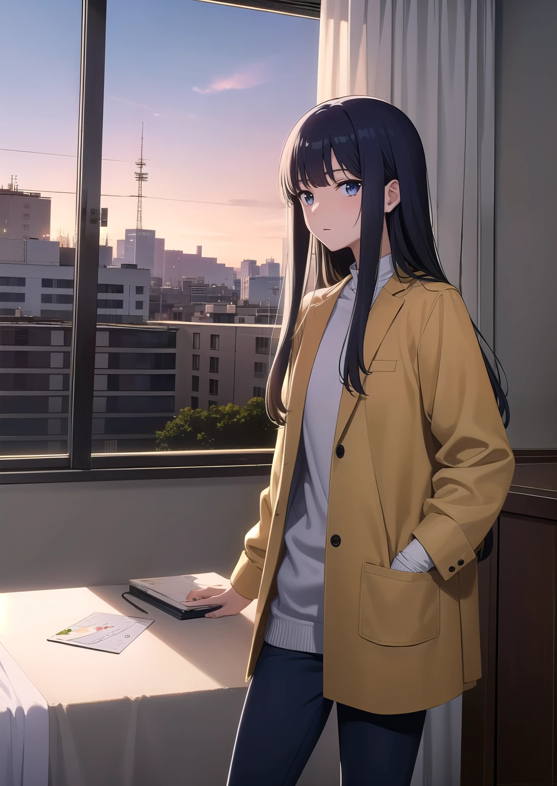 chica anime in standing in front of a window, hermosa chica de secundaria anime, anime visual de una linda chica, mejor chica anime, portada de novela ligera, visual novel cg, an chica anime, arte cg anime suave, chica anime with long hair, (chica anime), beautiful chica anime, cute chica anime, visual clave de novela visual, iwakura yacía, carta en mano