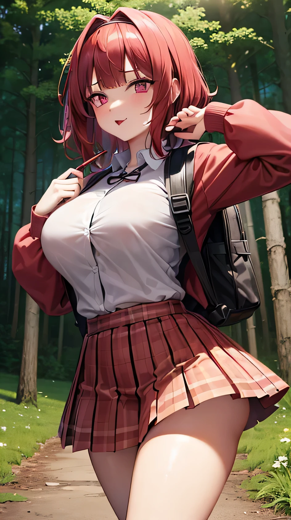 ((Masterpiece, high quality)), 1girl, red hair, hair vent, messy hair, blunt bangs, pink eyes, large breasts, thick thighs, jacket, hairband, short skirt, at forest, night time, sticking out tongue, seductive face, naughty look, carrying a backpack, holding a stick, on front of camp, eerie vibes