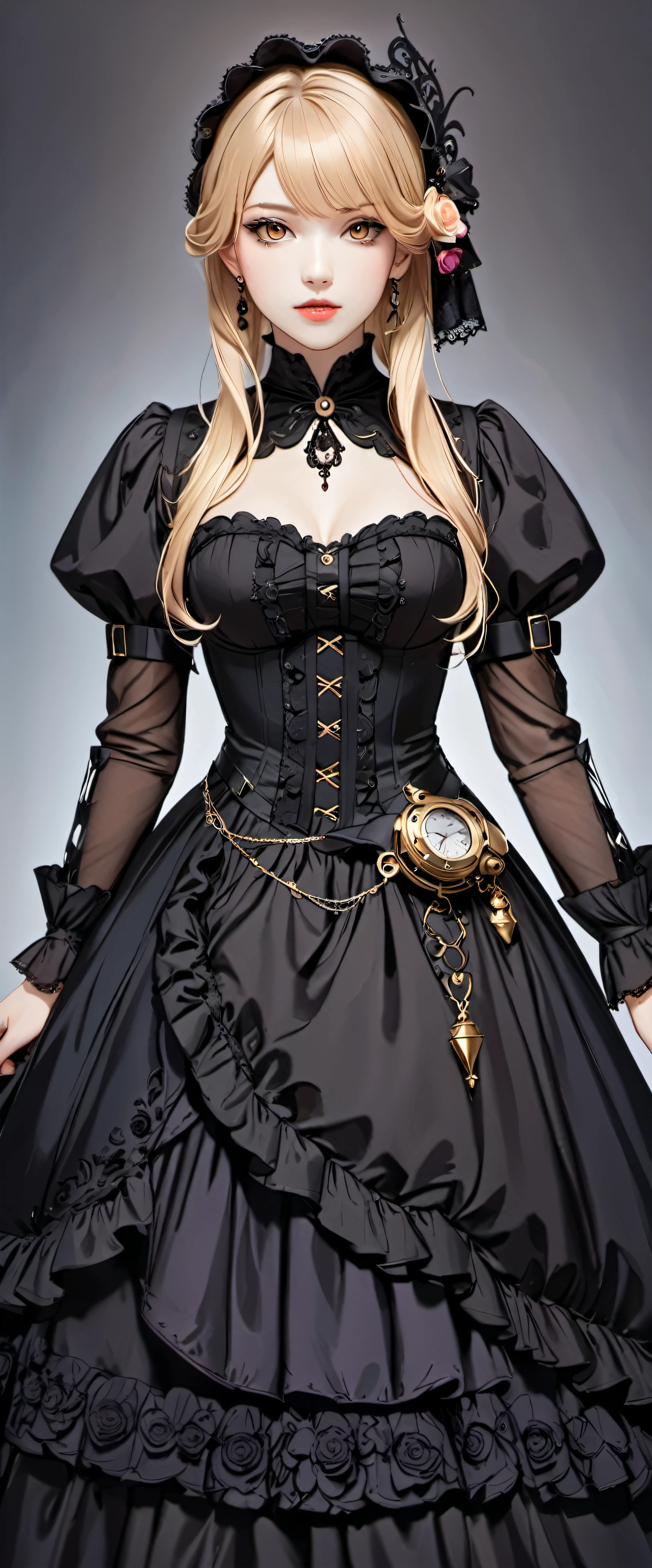 woman wearing dress and boots , baroque dress, Wearing an elaborate steampunk dress, elegant gothic princess, victorian gothic ta fashion, historical baroque dress dark, black gothic loliress, fantasy style clothing, rococo dress, black rococo, fantasy costume, wearing a gothic dress, romantic dress, gothic dress,blonde,,(((upper body portrait)))